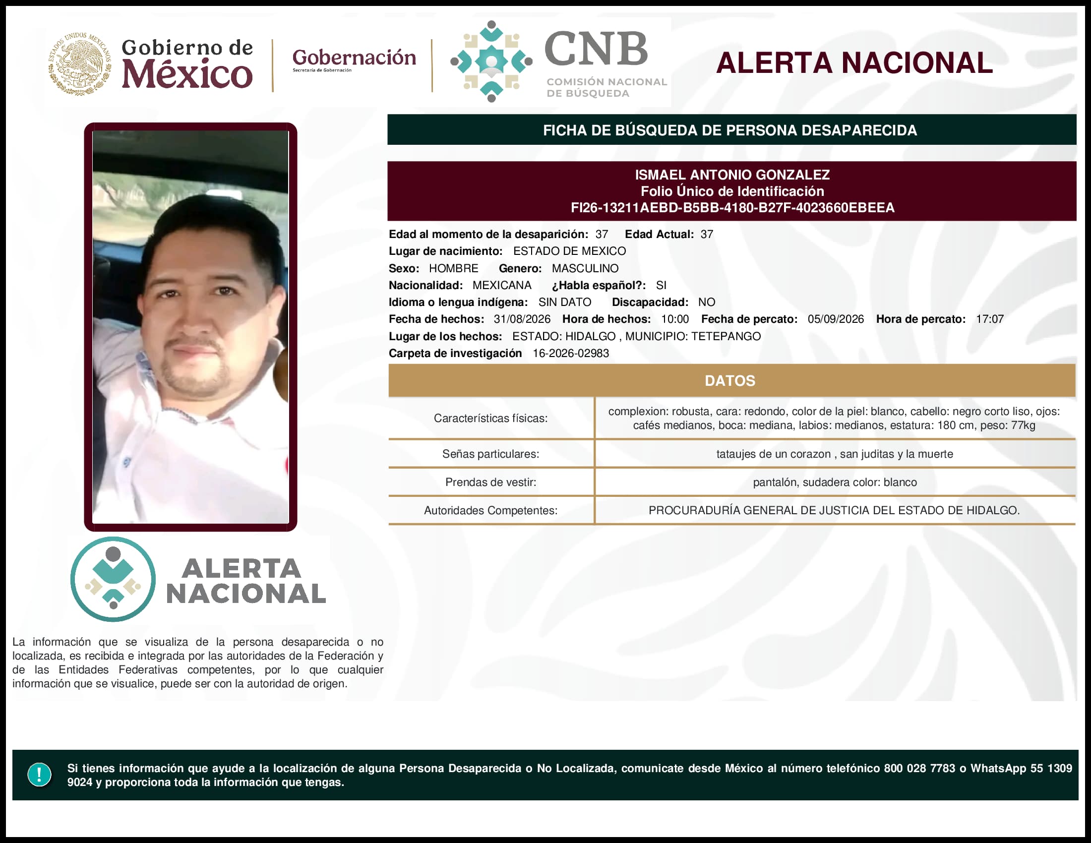 Persona desaparecida Ismael Antonio Gonzalez