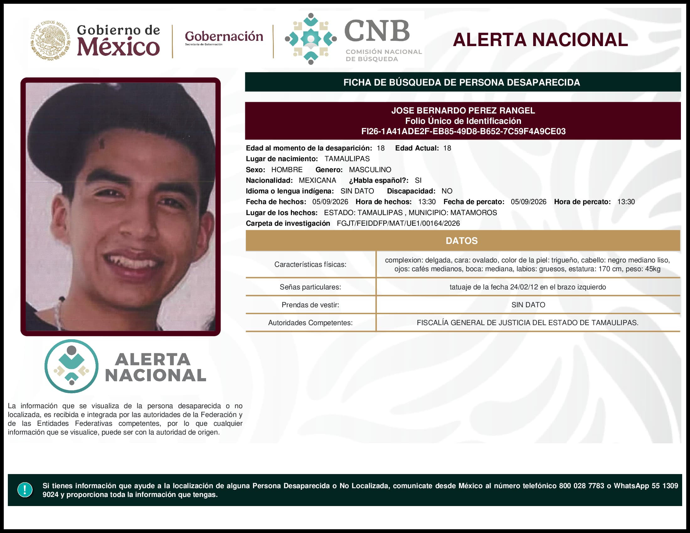 Persona desaparecida Jose Bernardo Perez Rangel