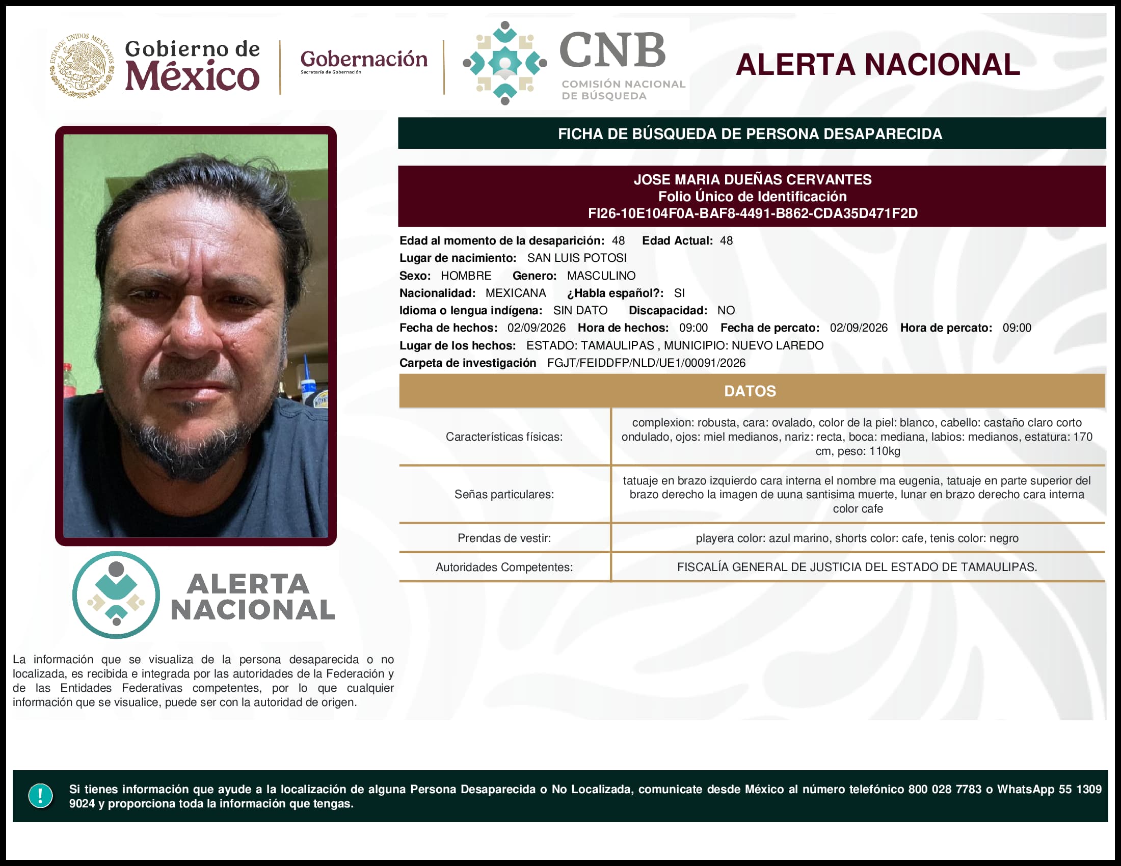 Persona desaparecida Jose Maria Duenas Cervantes