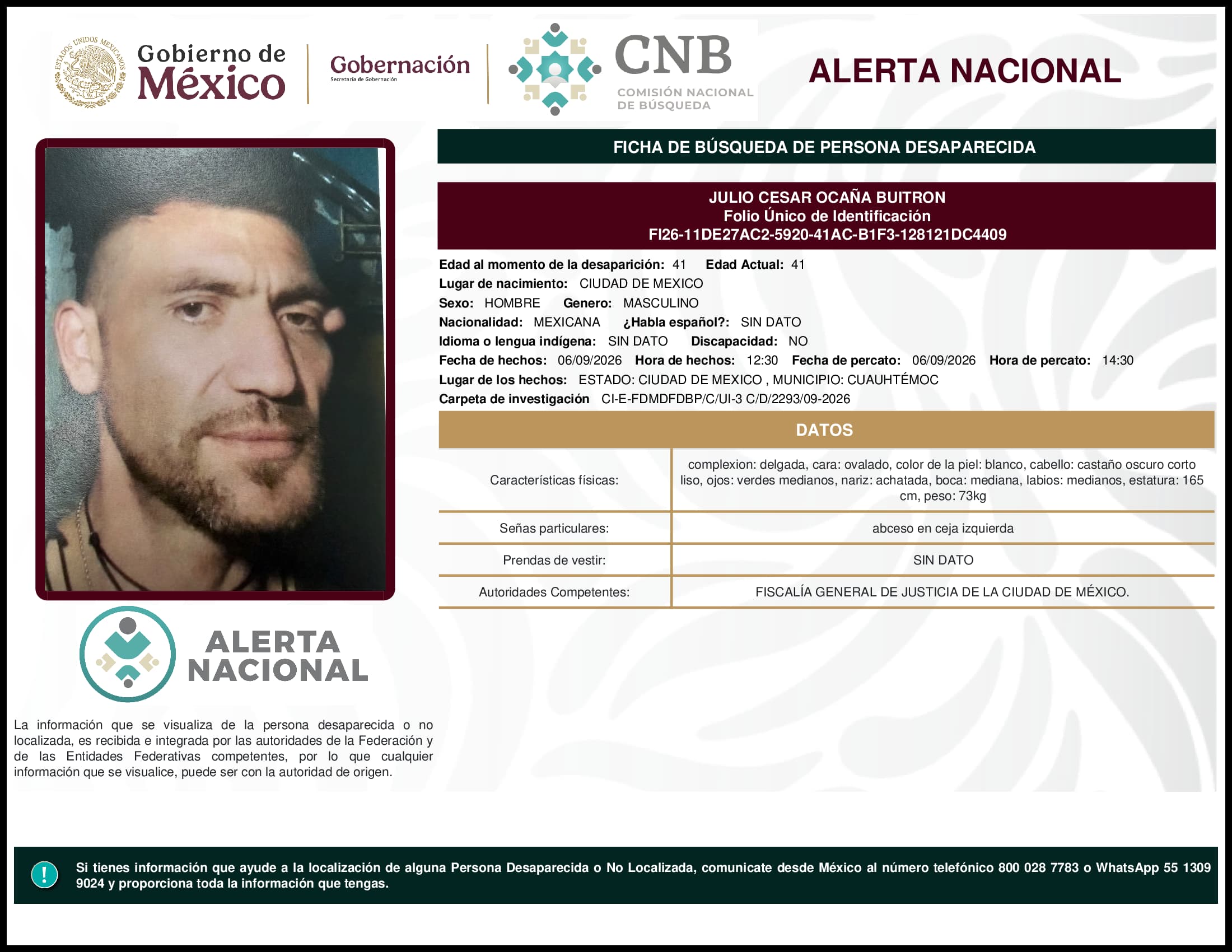 Persona desaparecida Julio Cesar Ocana Buitron