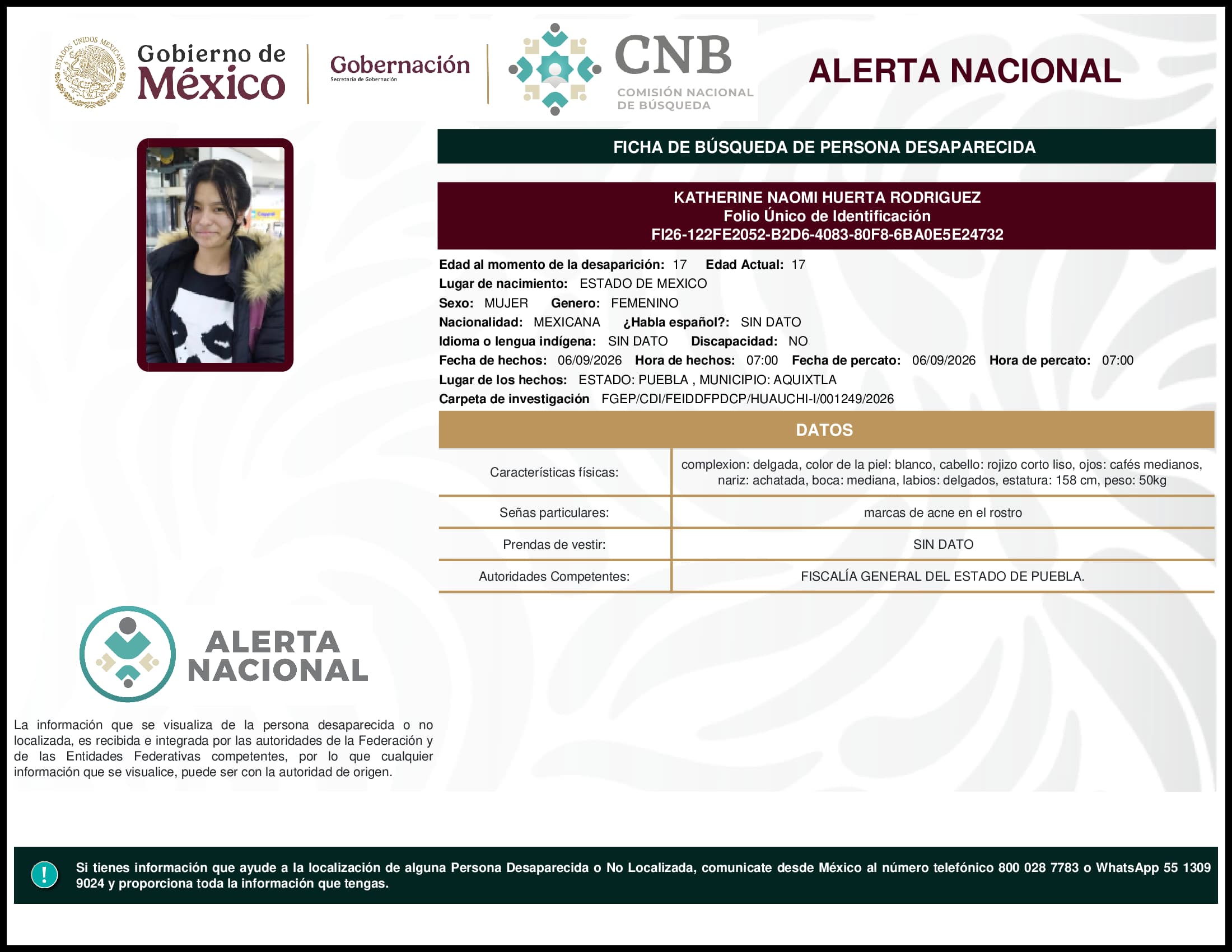 Persona desaparecida Katherine Naomi Huerta Rodriguez