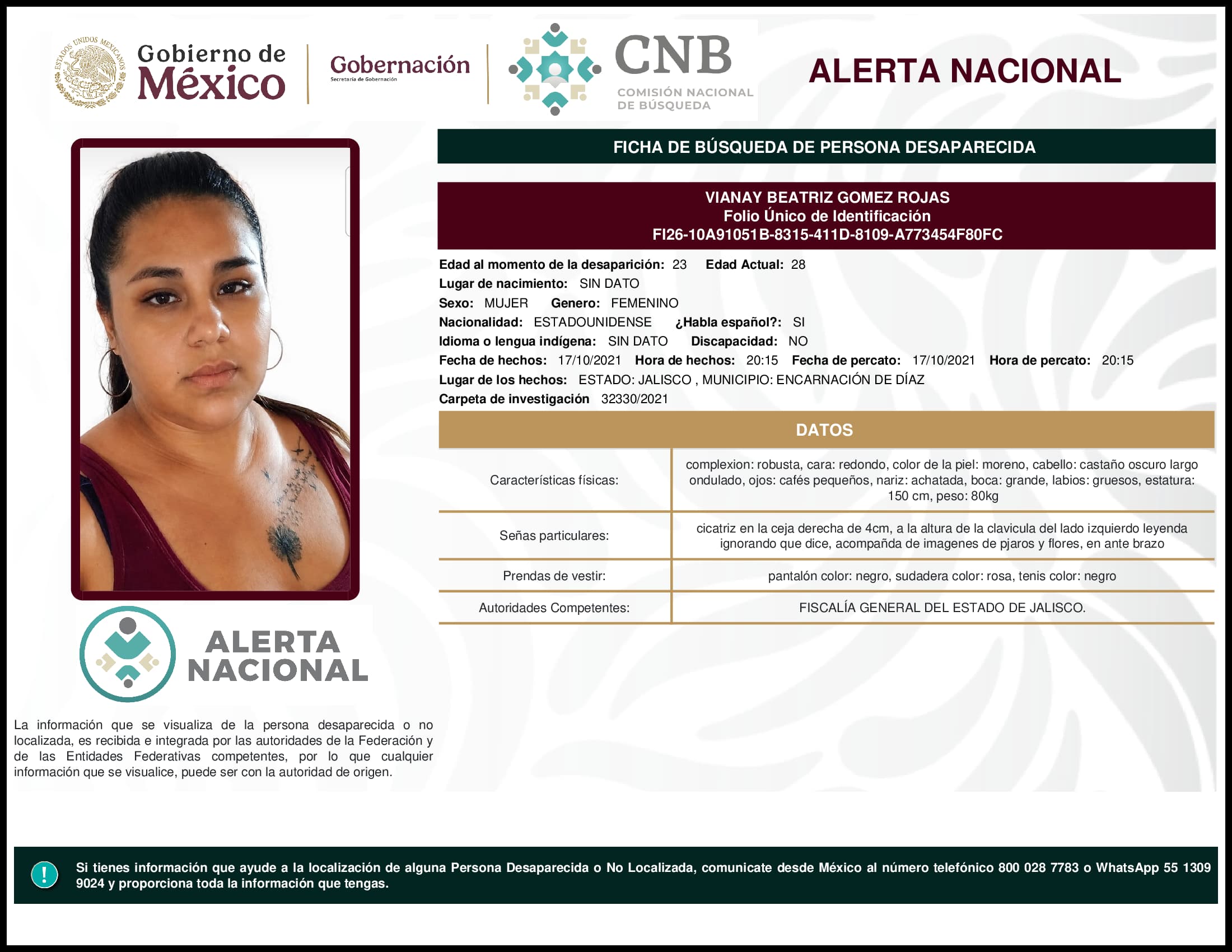 Persona desaparecida Vianay Beatriz Gomez Rojas
