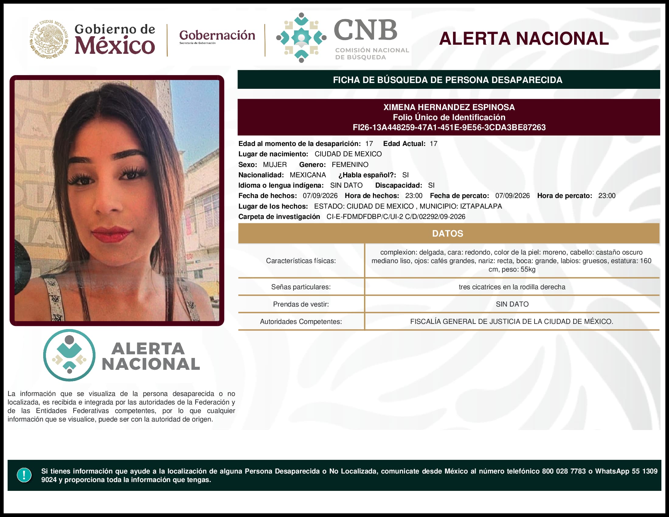Persona desaparecida Ximena Hernandez Espinosa