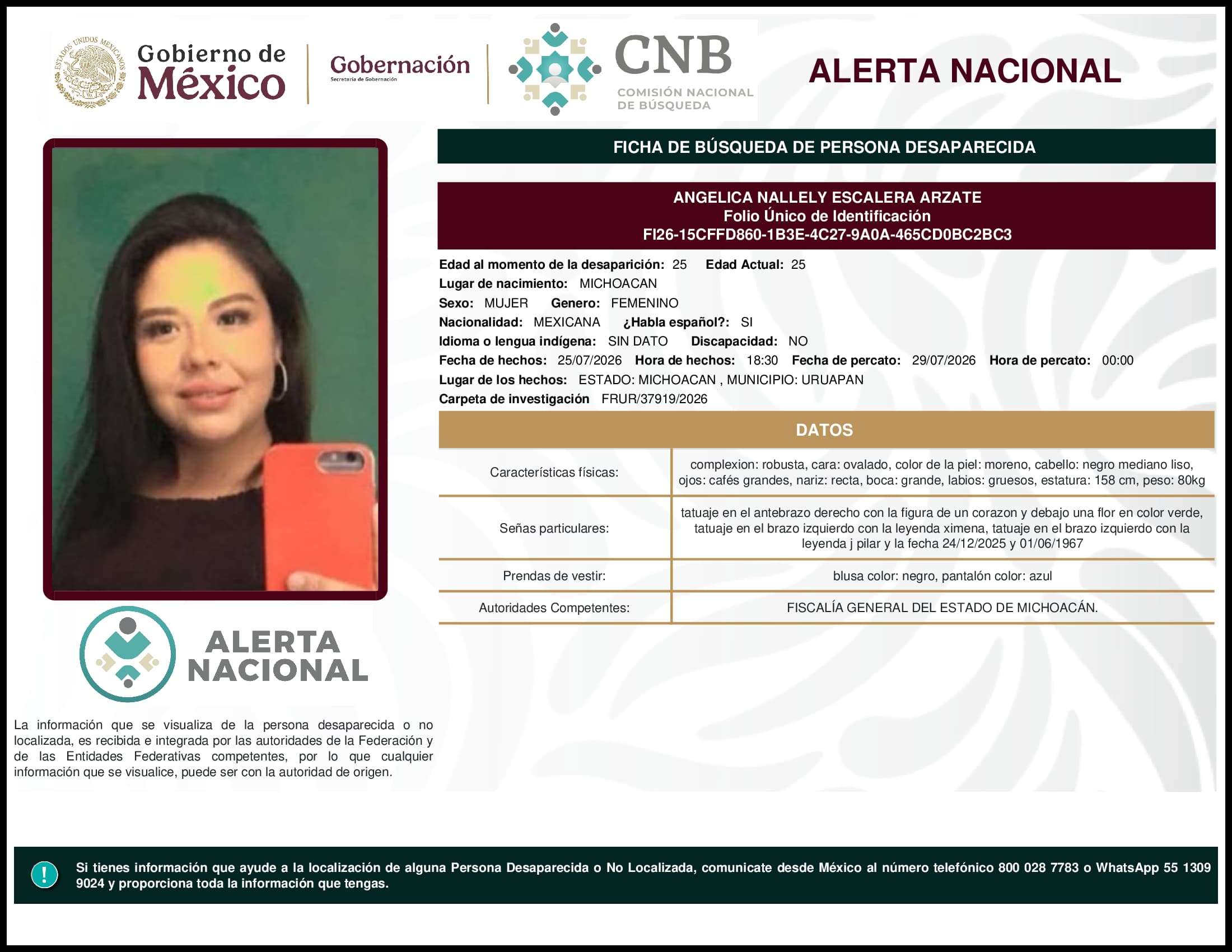 Persona desaparecida Angelica Nallely Escalera Arzate