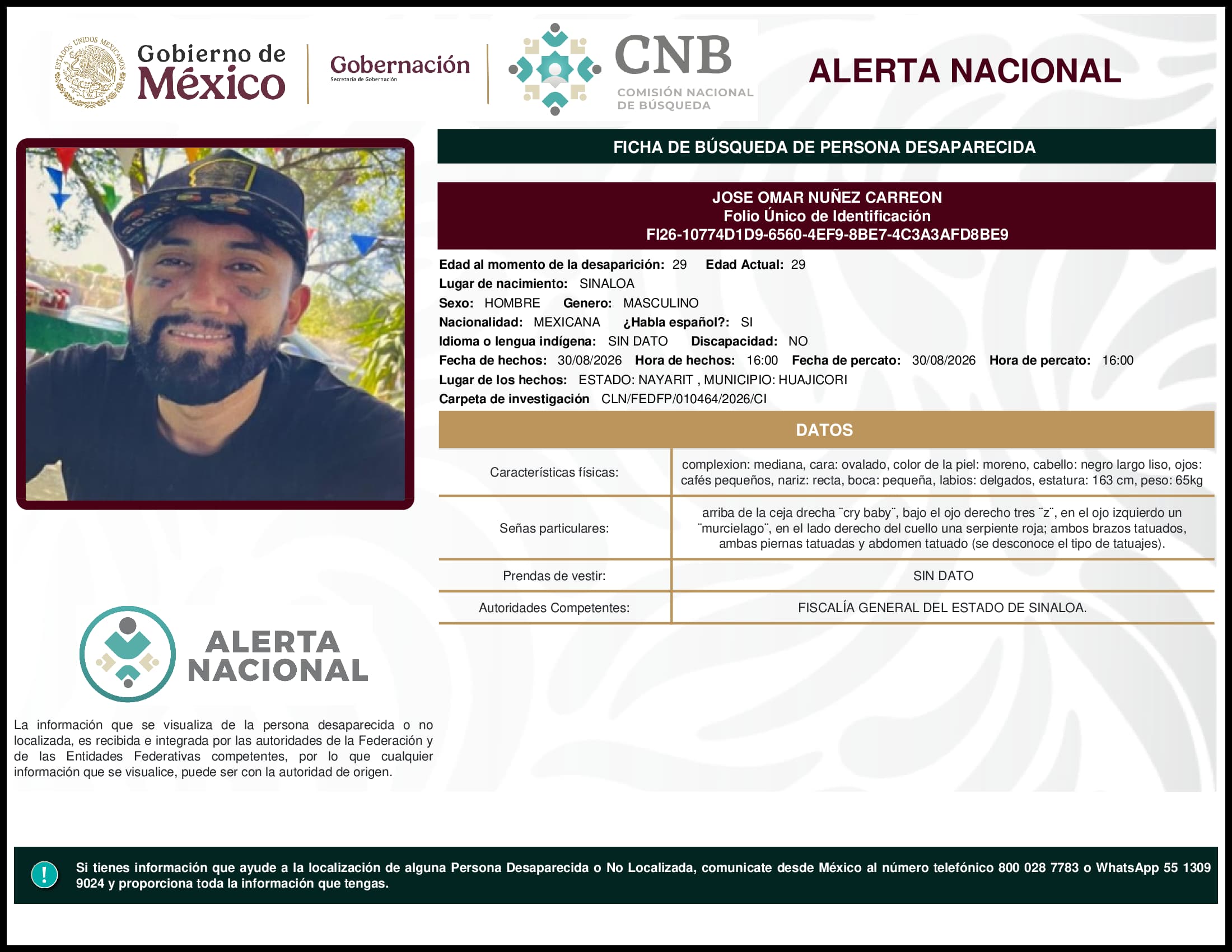 Persona desaparecida Jose Omar Nunez Carreon