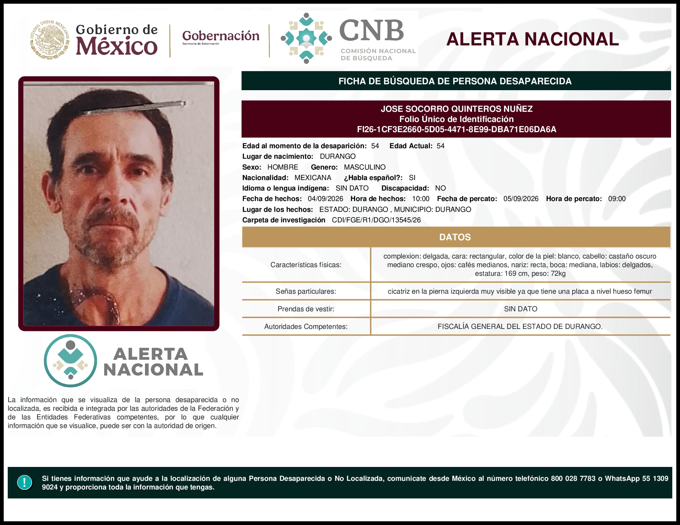 Persona desaparecida Jose Socorro Quinteros Nunez