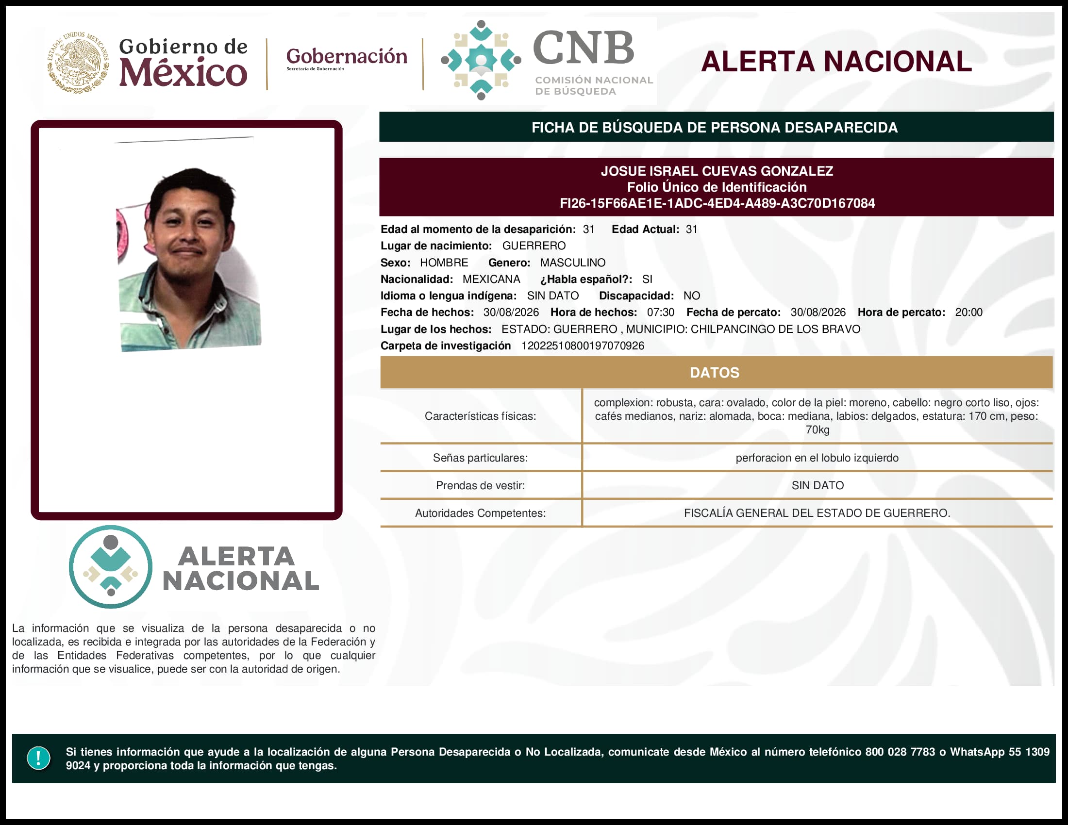 Persona desaparecida Josue Israel Cuevas Gonzalez