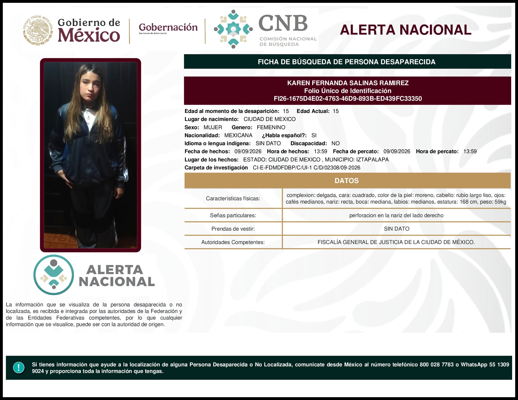 Persona desaparecida Karen Fernanda Salinas Ramirez