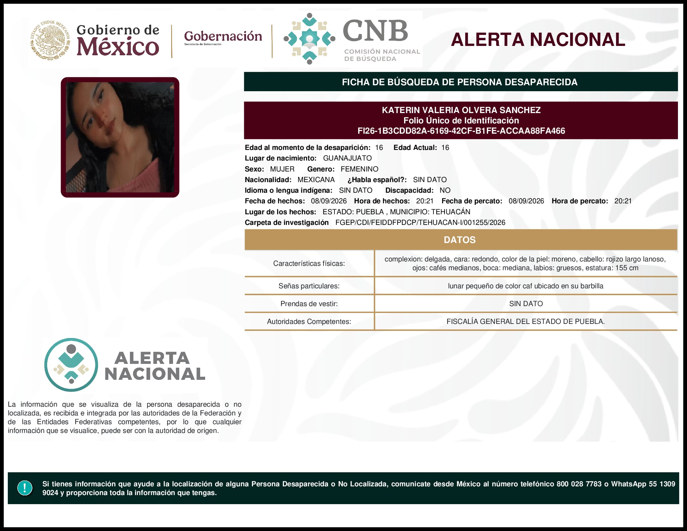 Persona desaparecida Katerin Valeria Olvera Sanchez