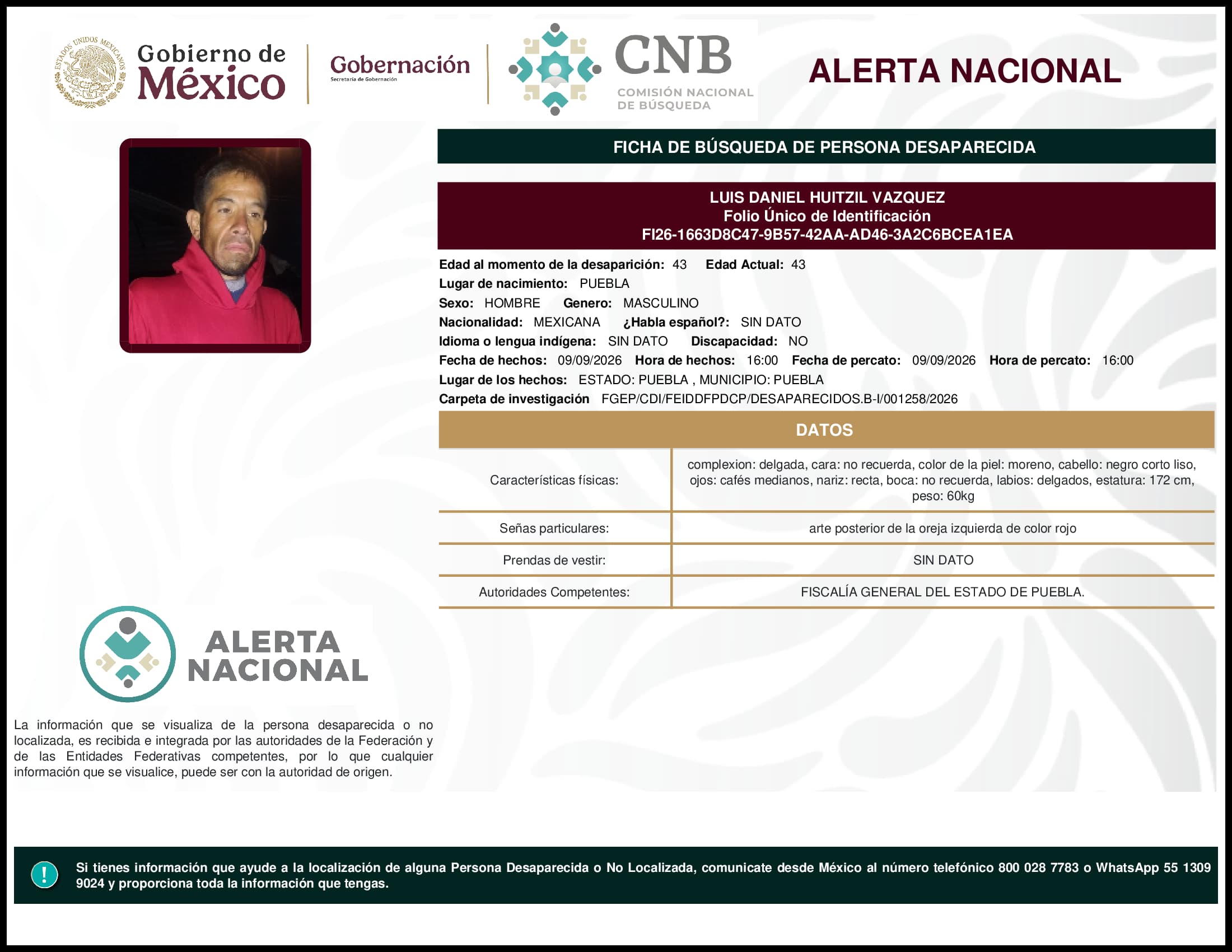 Persona desaparecida Luis Daniel Huitzil Vazquez