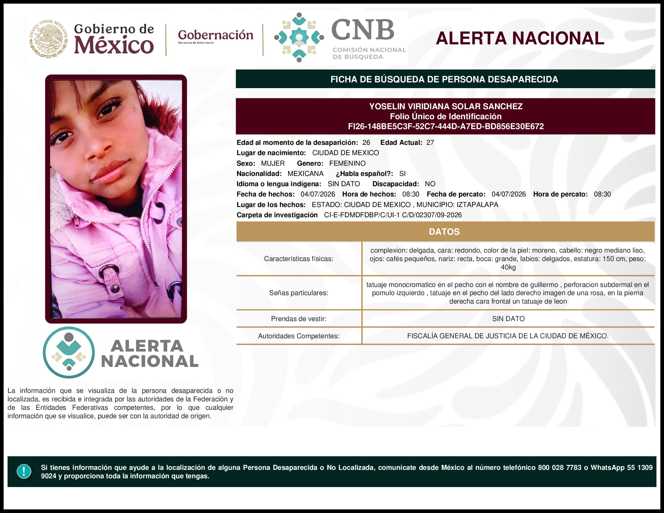 Persona desaparecida Yoselin Viridiana Solar Sanchez
