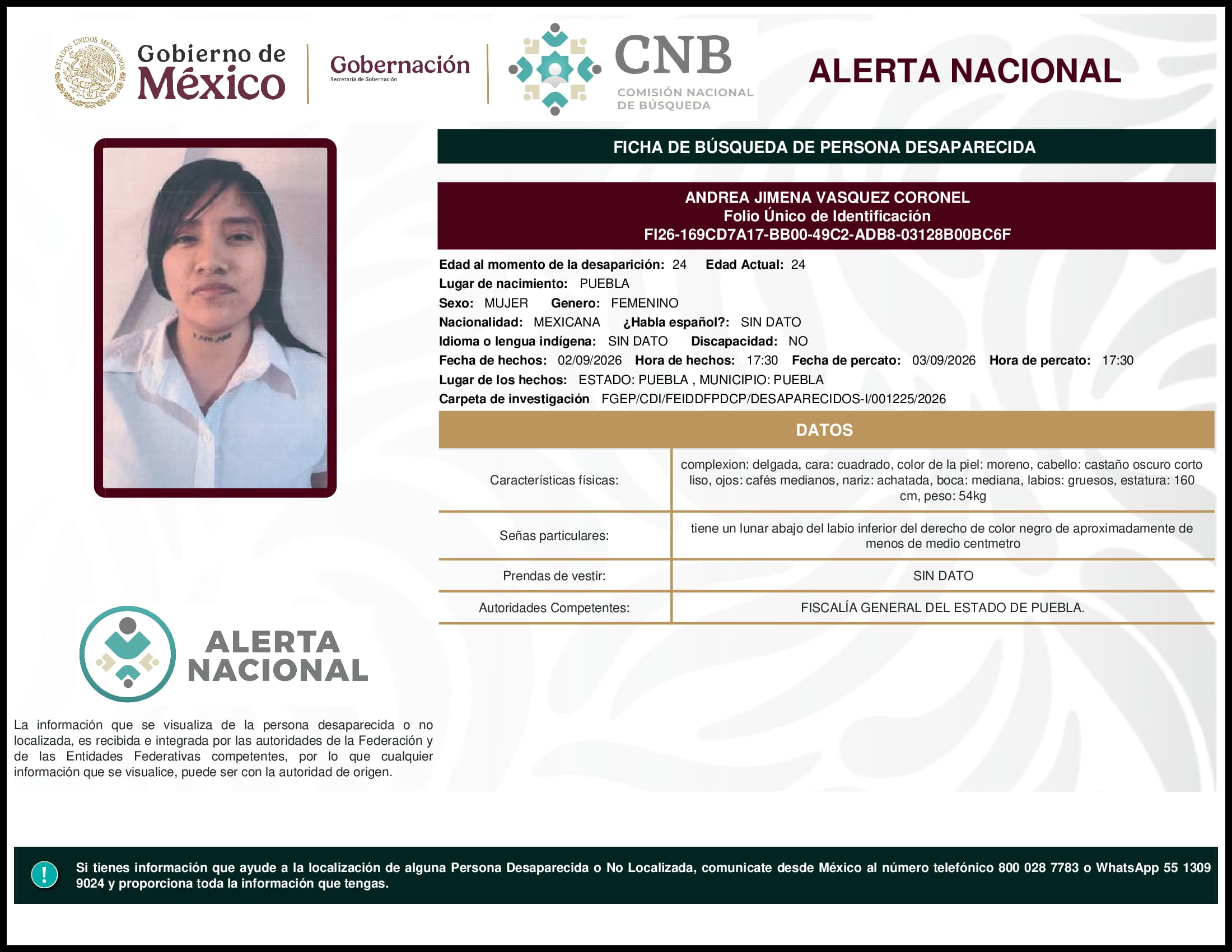Persona desaparecida Andrea Jimena Vasquez Coronel