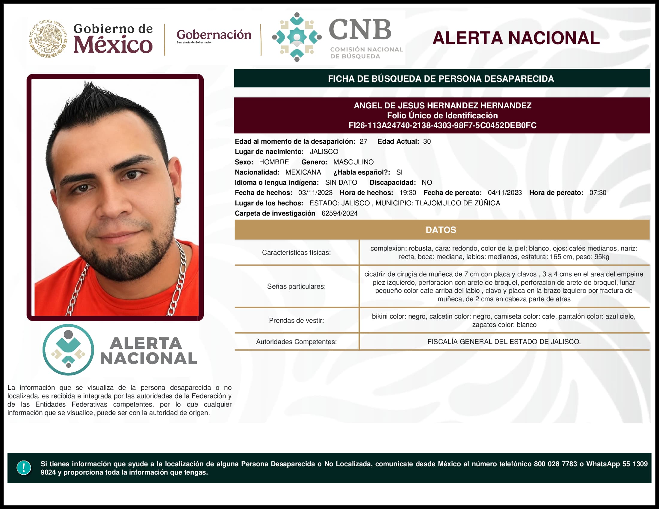 Persona desaparecida Angel De Jesus Hernandez Hernandez