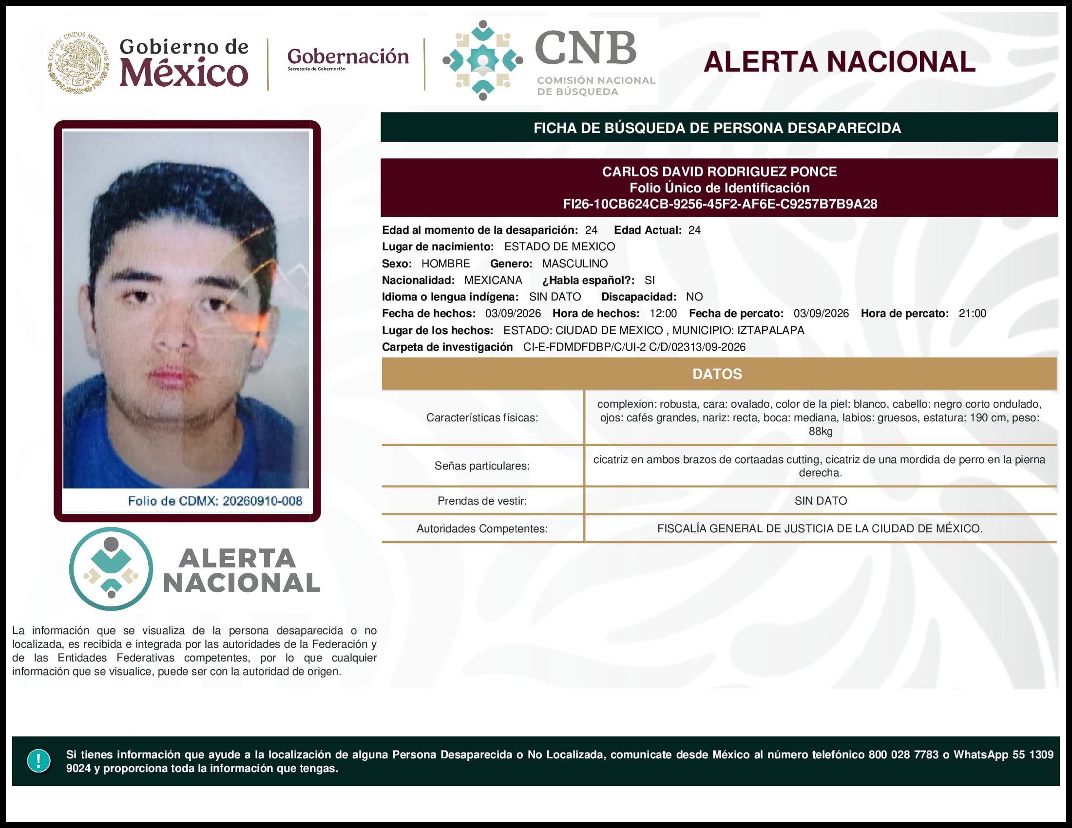 Persona desaparecida Carlos David Rodriguez Ponce