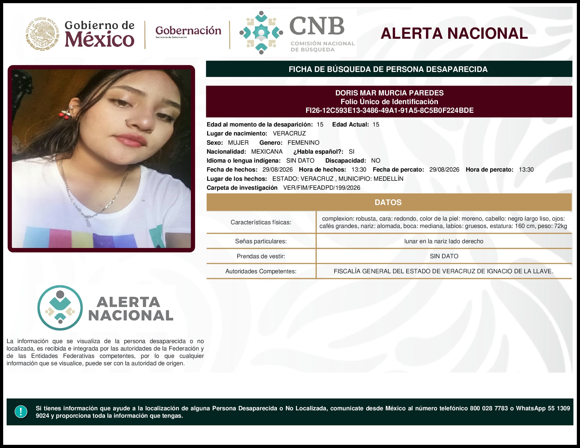 Persona desaparecida Doris Mar Murcia Paredes