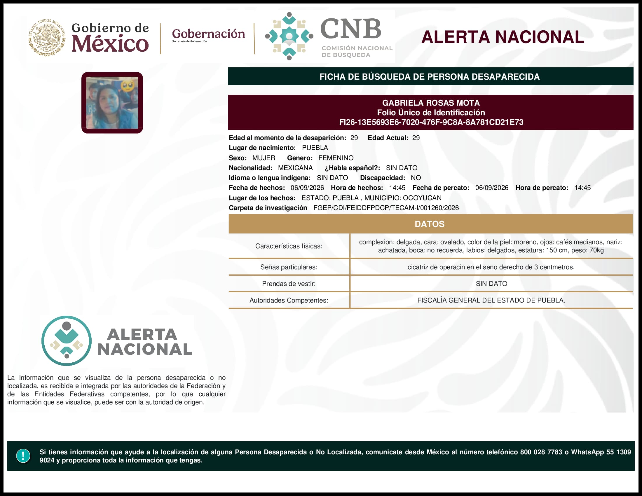 Persona desaparecida Gabriela Rosas Mota