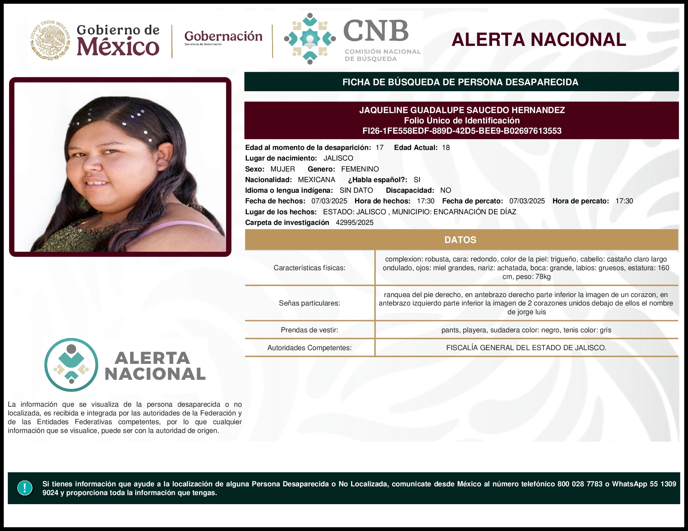 Persona desaparecida Jaqueline Guadalupe Saucedo Hernandez