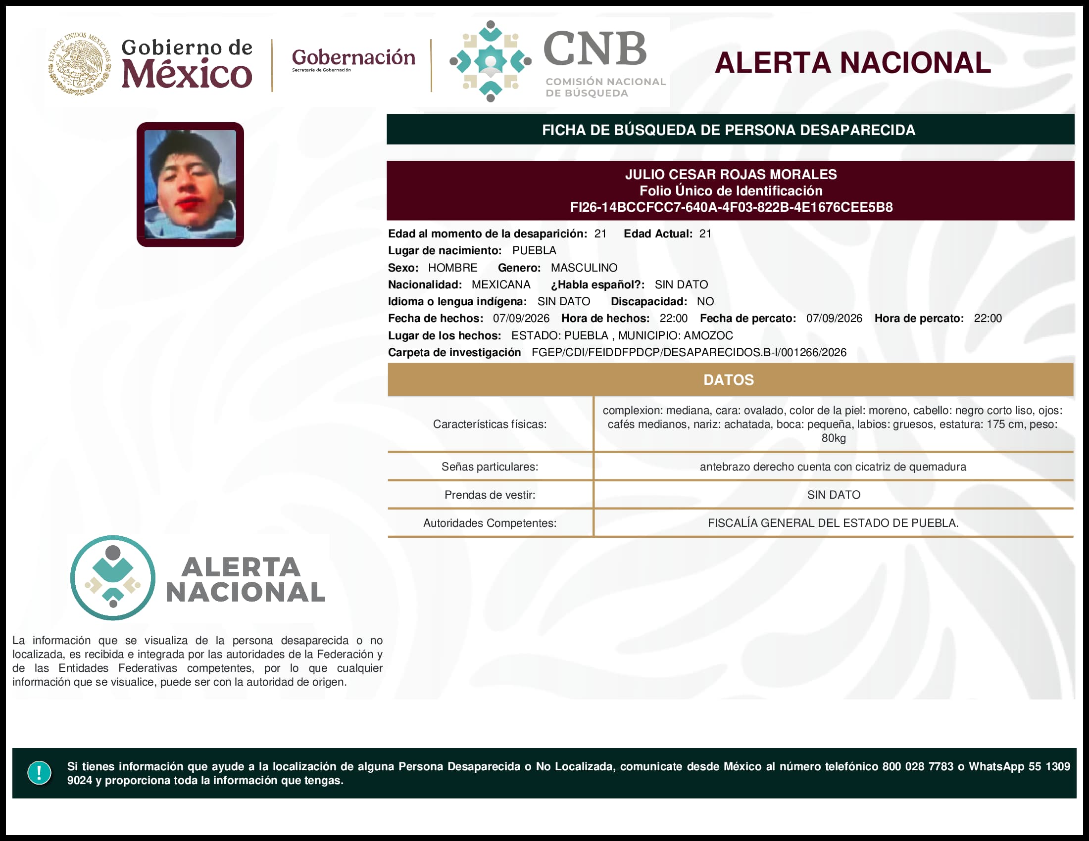 Persona desaparecida Julio Cesar Rojas Morales