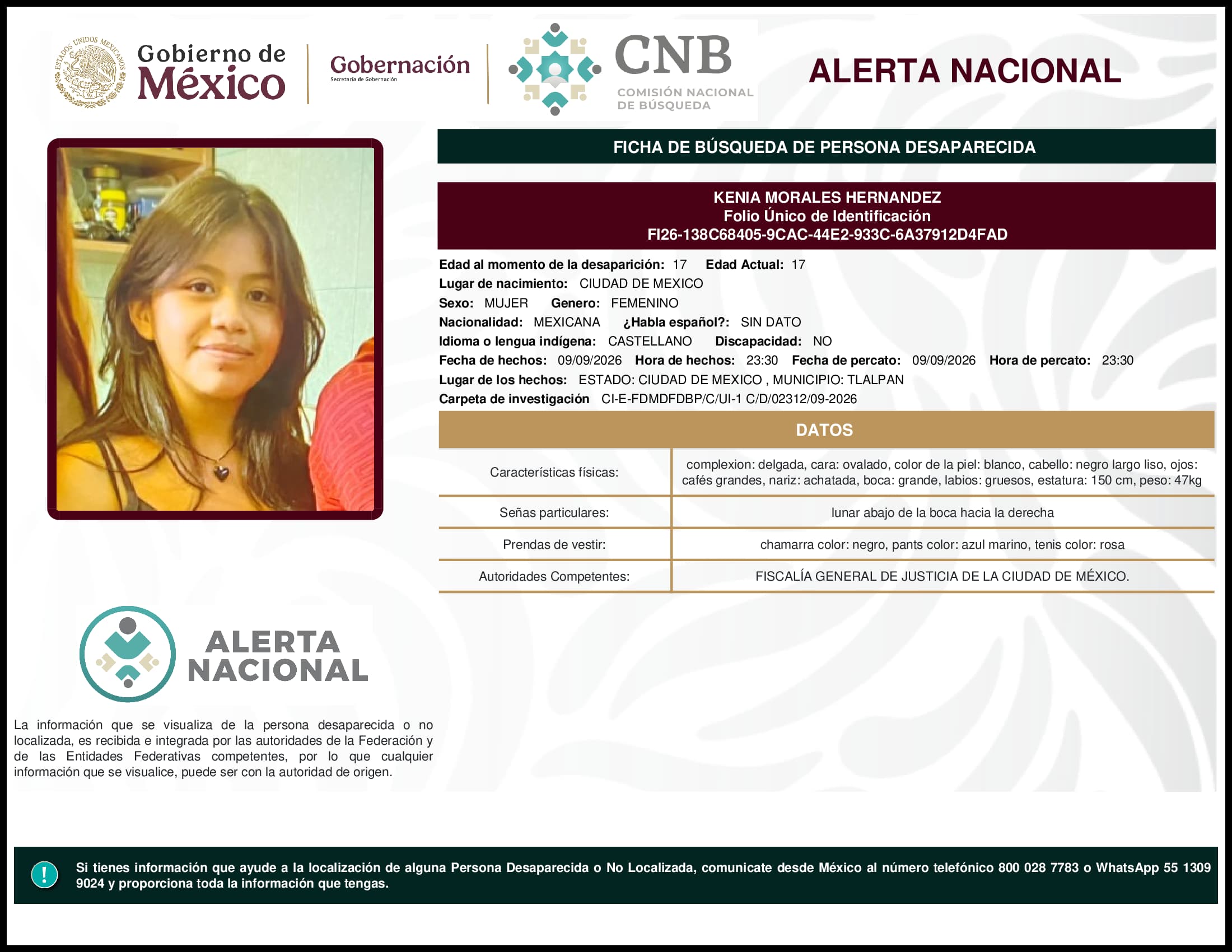 Persona desaparecida Kenia Morales Hernandez