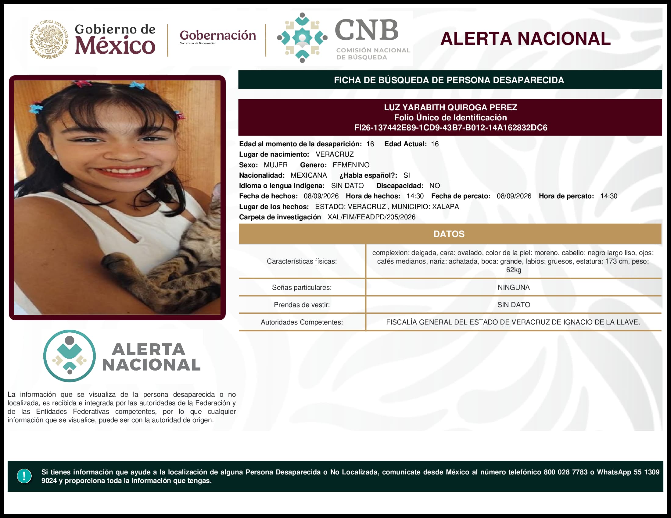Persona desaparecida Luz Yarabith Quiroga Perez