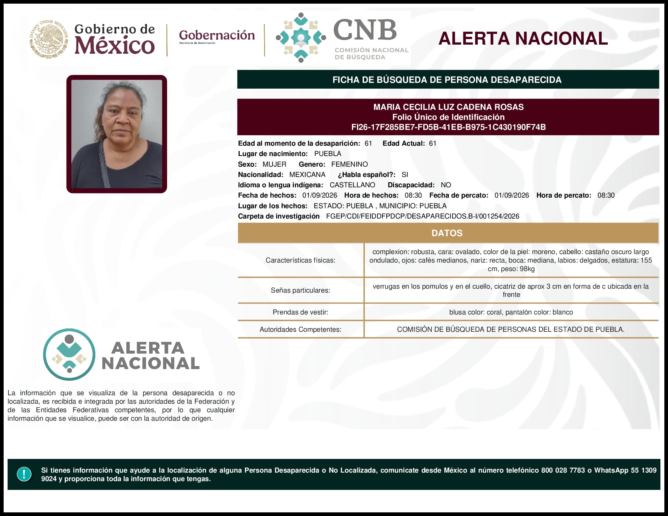 Persona desaparecida Maria Cecilia Luz Cadena Rosas