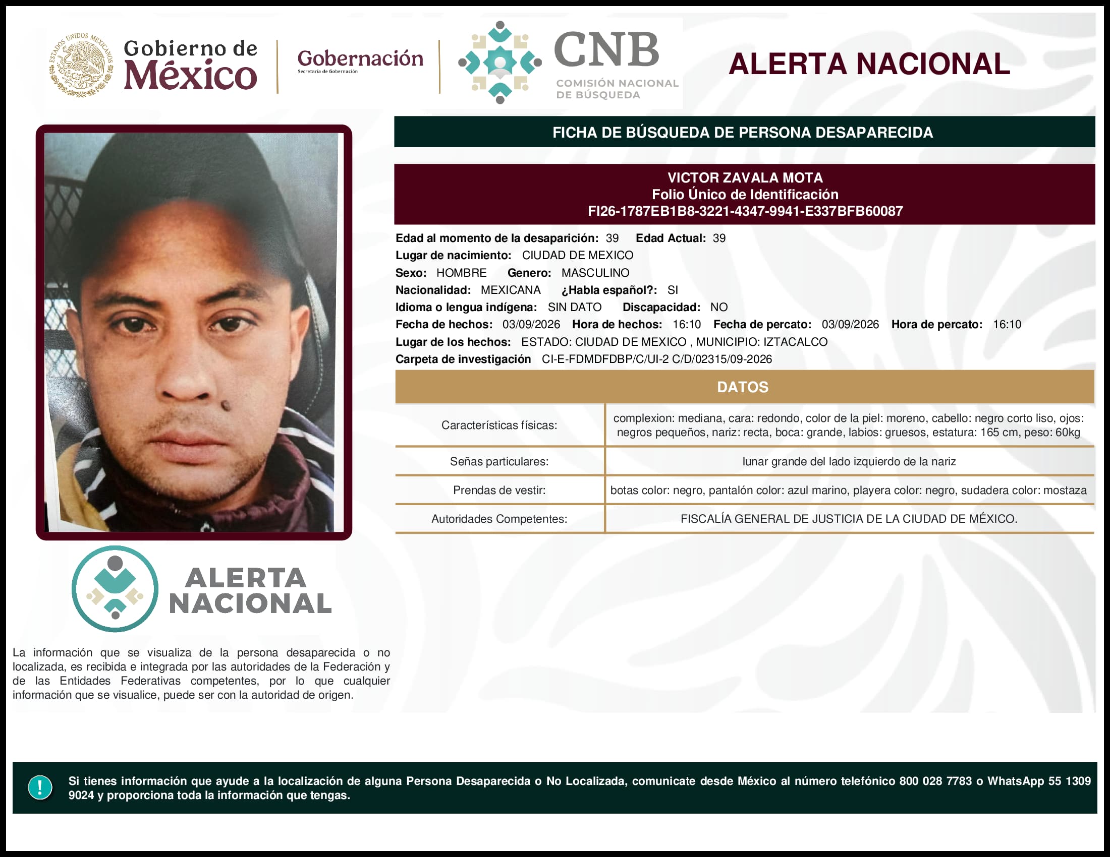 Persona desaparecida Victor Zavala Mota
