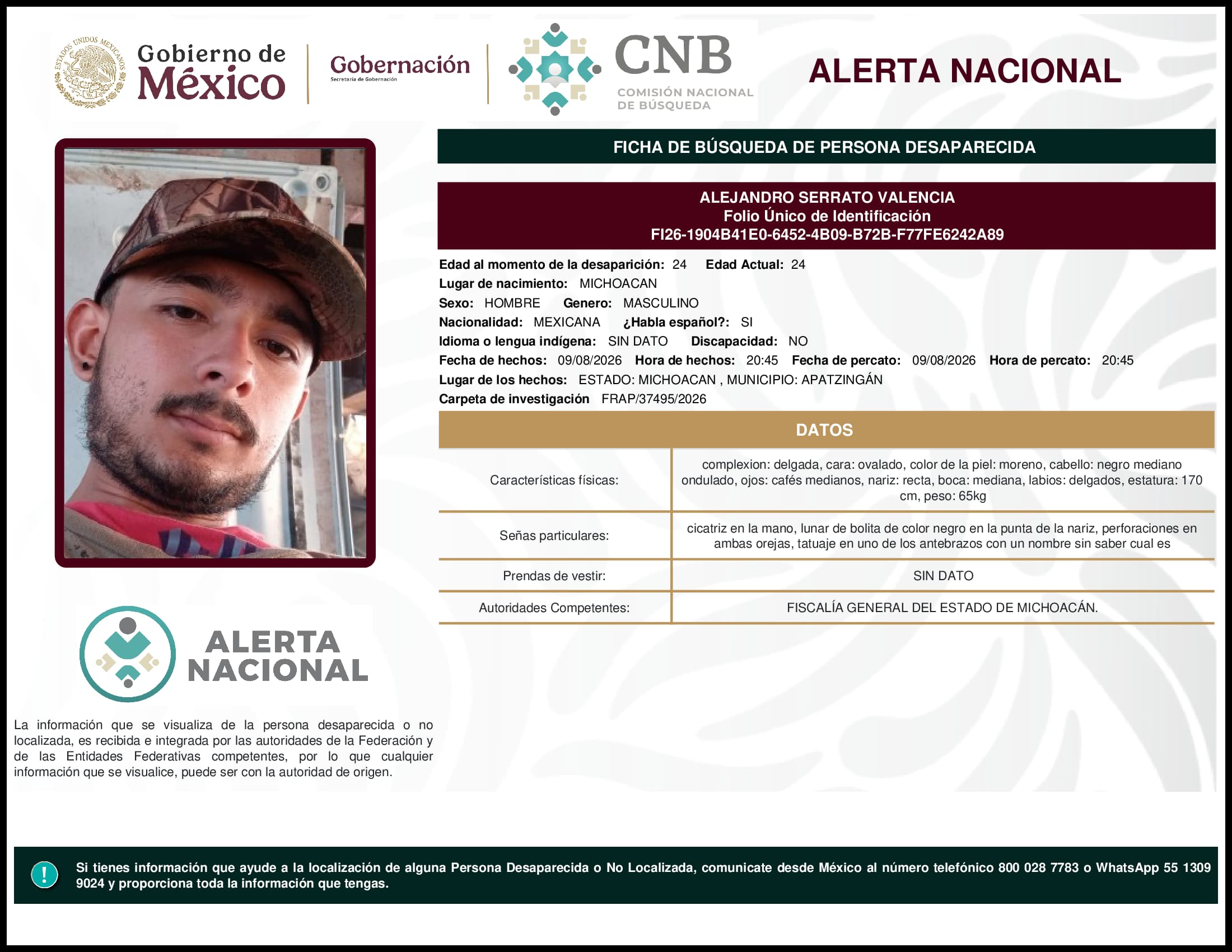 Persona desaparecida Alejandro Serrato Valencia