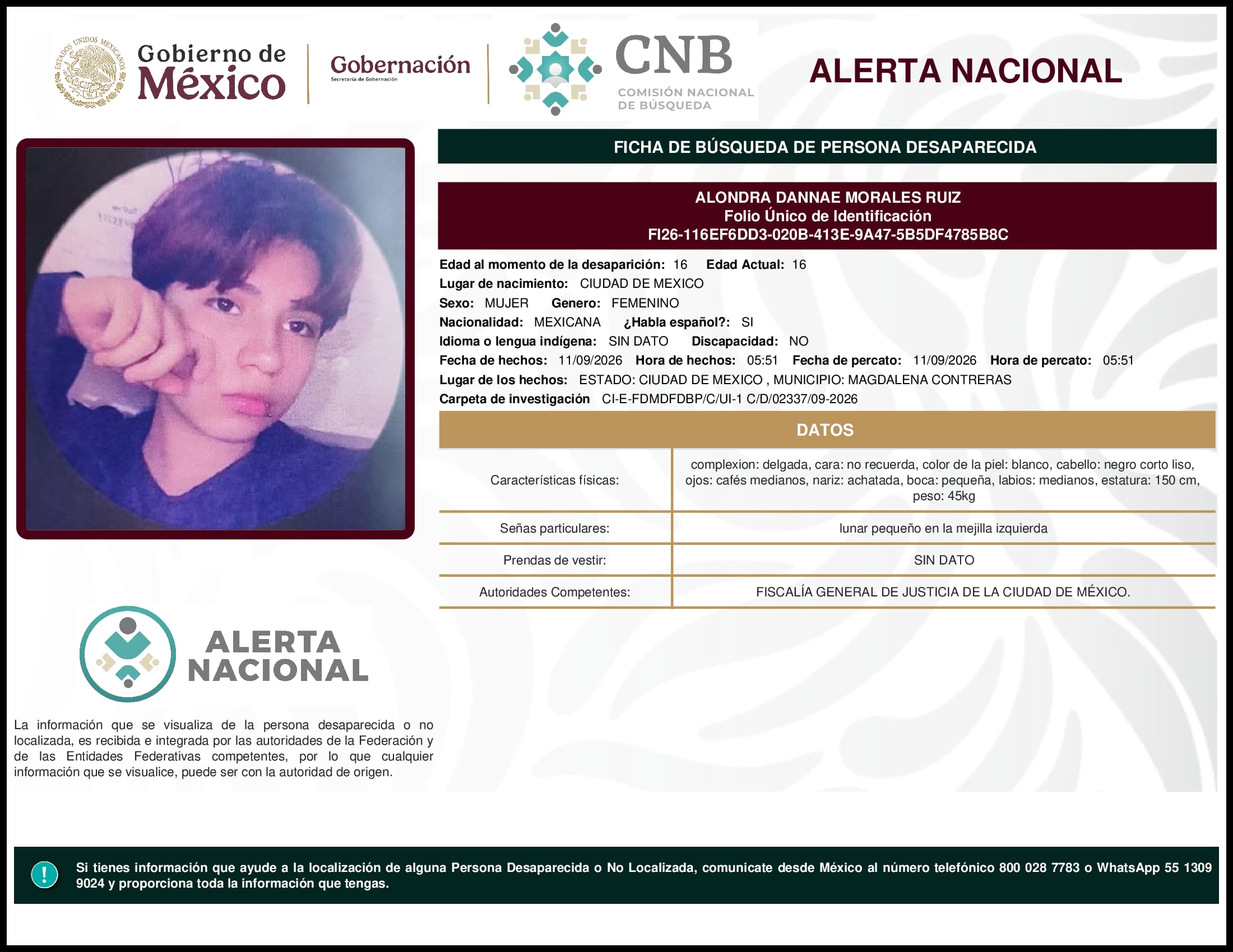 Persona desaparecida Alondra Dannae Morales Ruiz