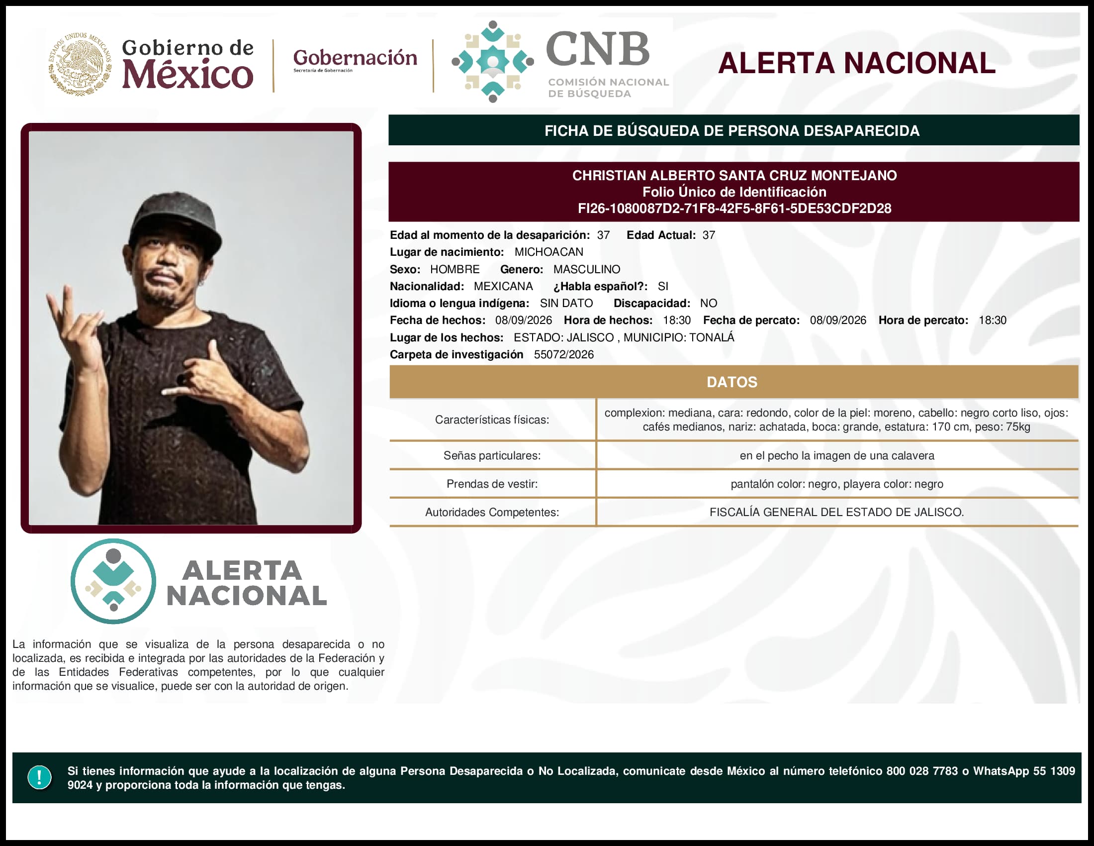 Persona desaparecida Christian Alberto Santa Cruz Montejano