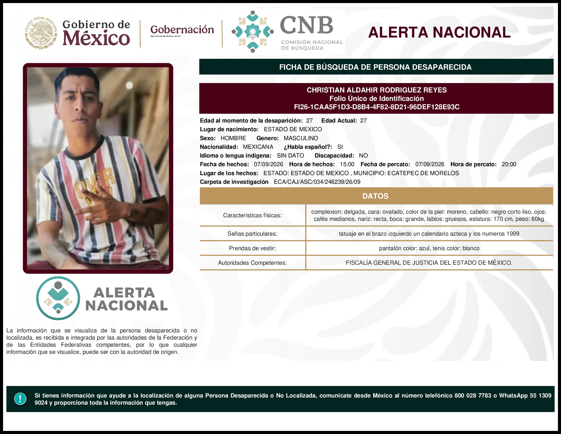 Persona desaparecida Christian Aldahir Rodriguez Reyes