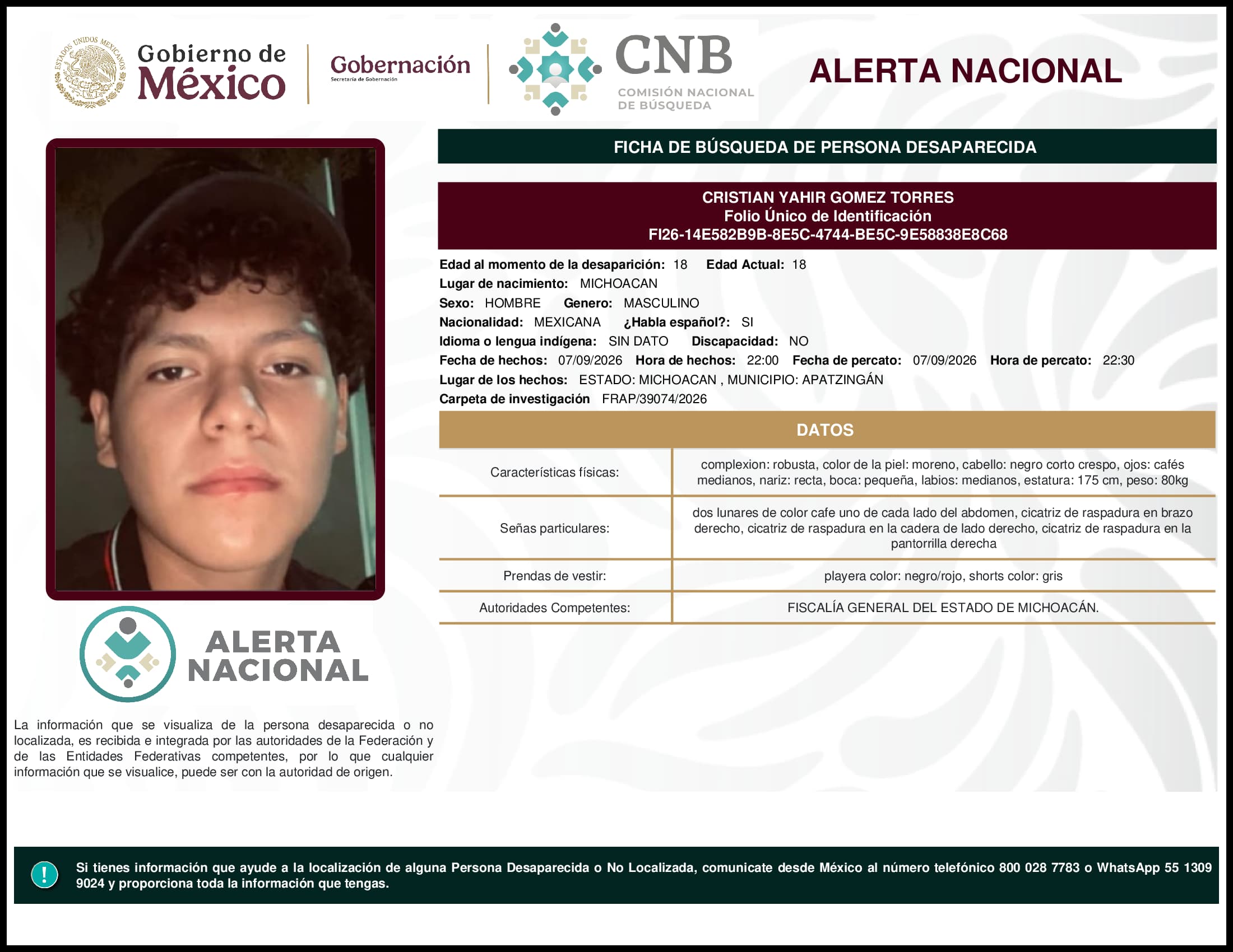 Persona desaparecida Cristian Yahir Gomez Torres