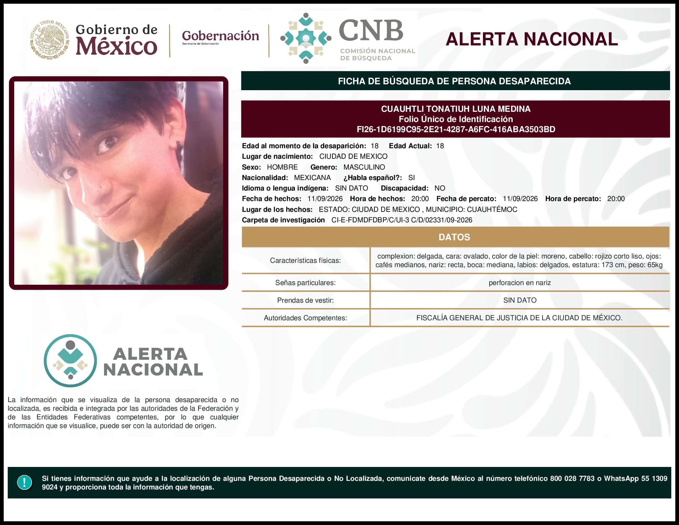 Persona desaparecida Cuauhtli Tonatiuh Luna Medina