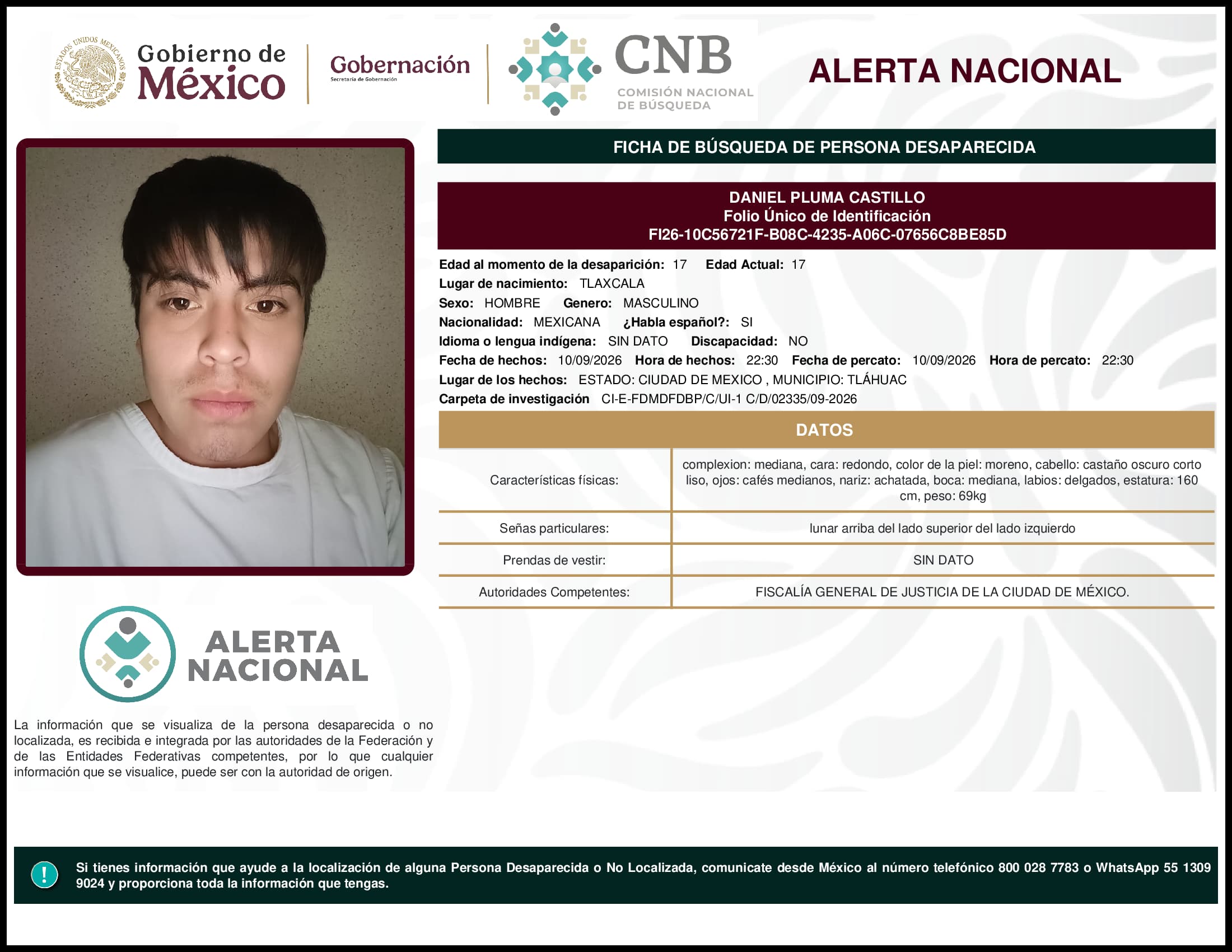 Persona desaparecida Daniel Pluma Castillo
