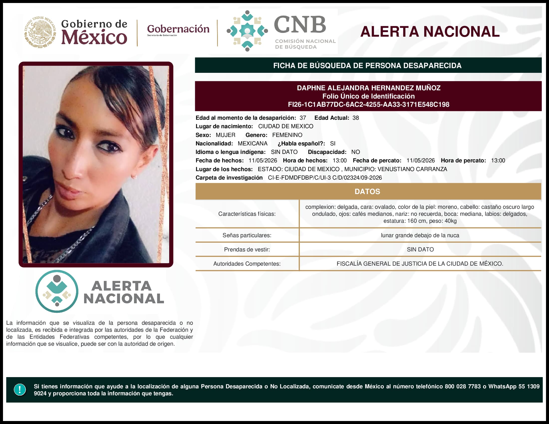 Persona desaparecida Daphne Alejandra Hernandez Munoz