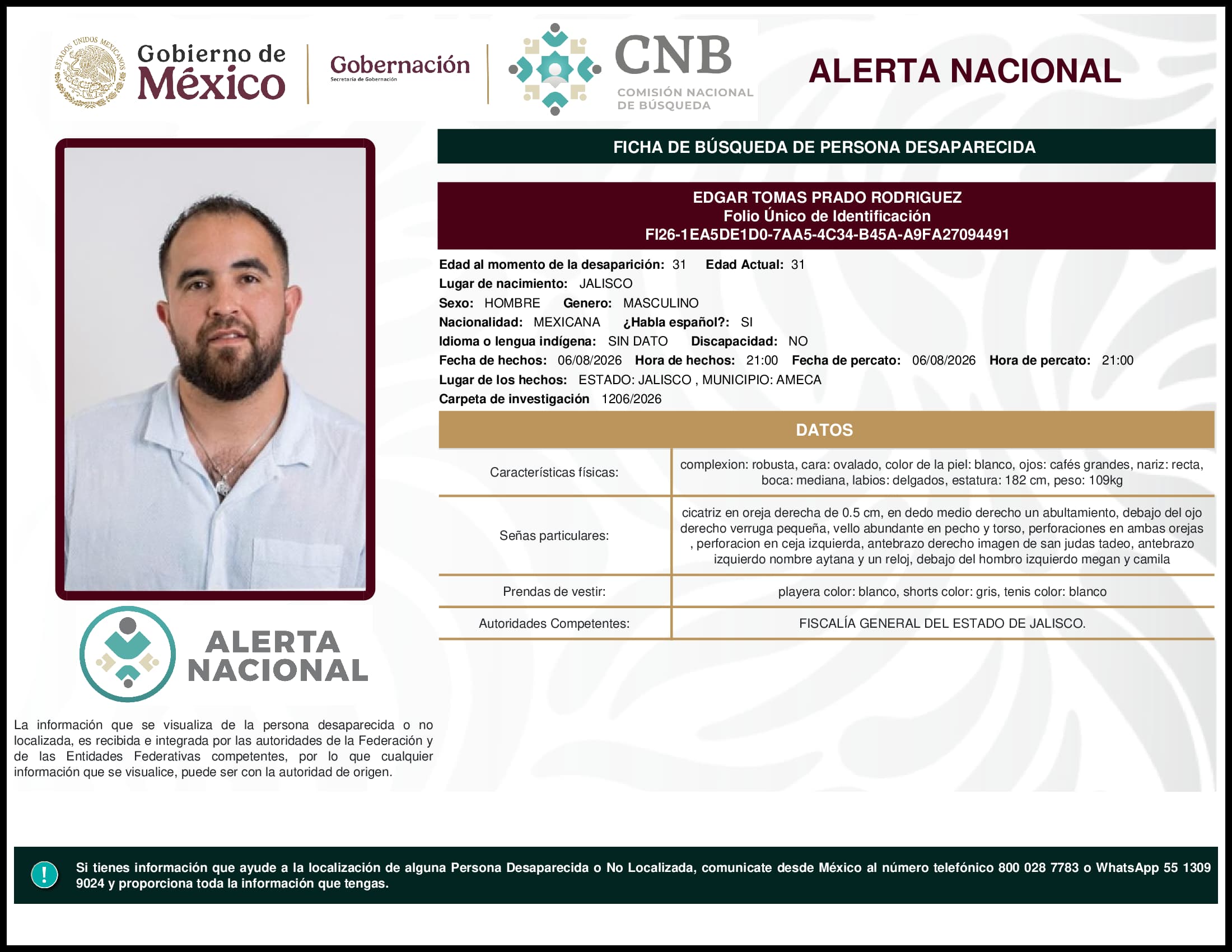 Persona desaparecida Edgar Tomas Prado Rodriguez