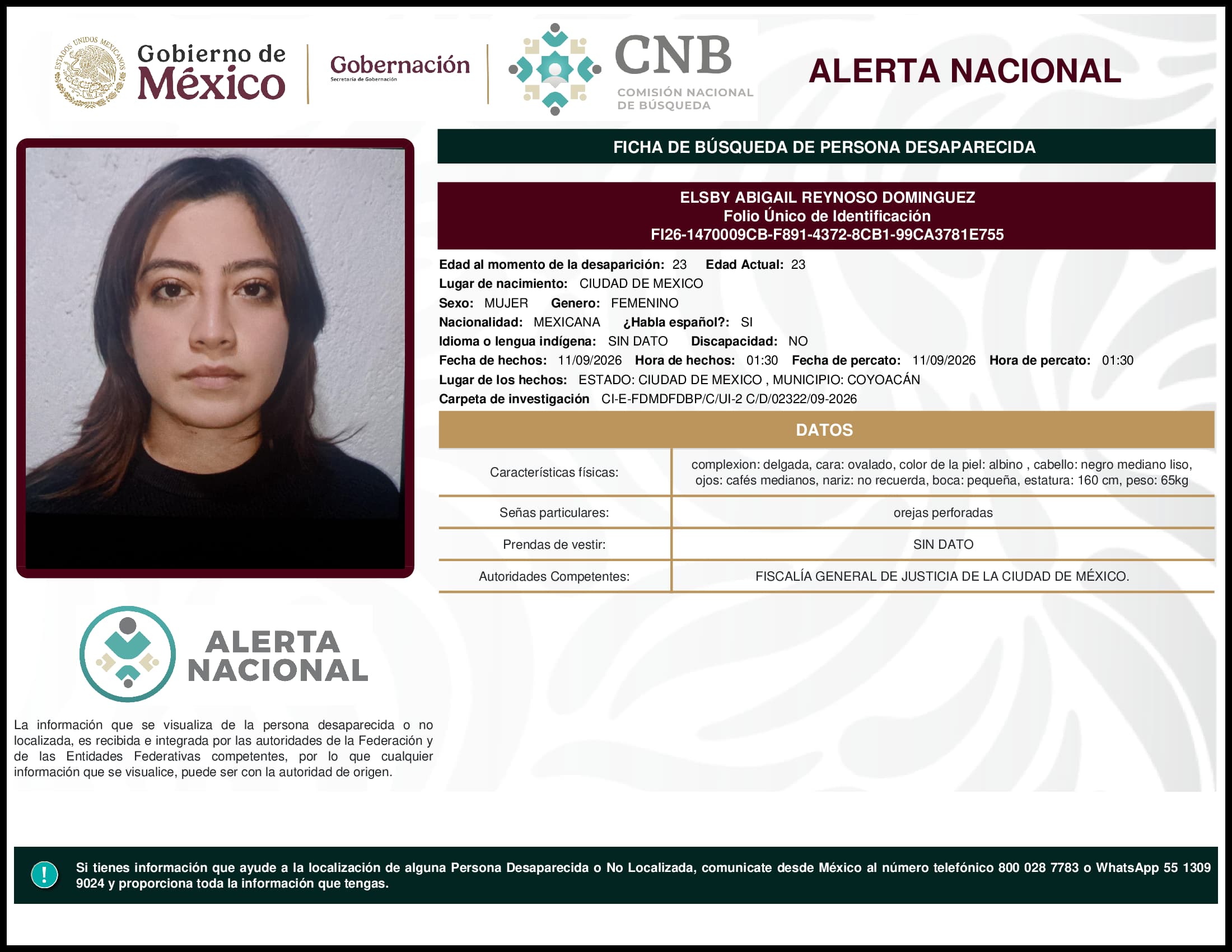 Persona desaparecida Elsby Abigail Reynoso Dominguez