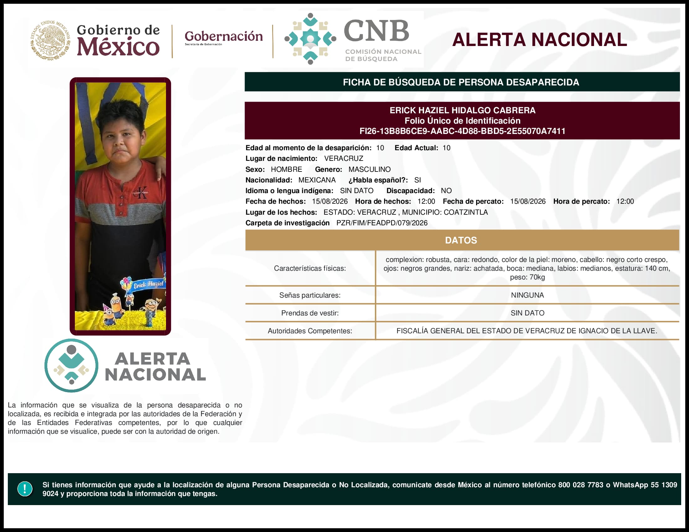 Persona desaparecida Erick Haziel Hidalgo Cabrera
