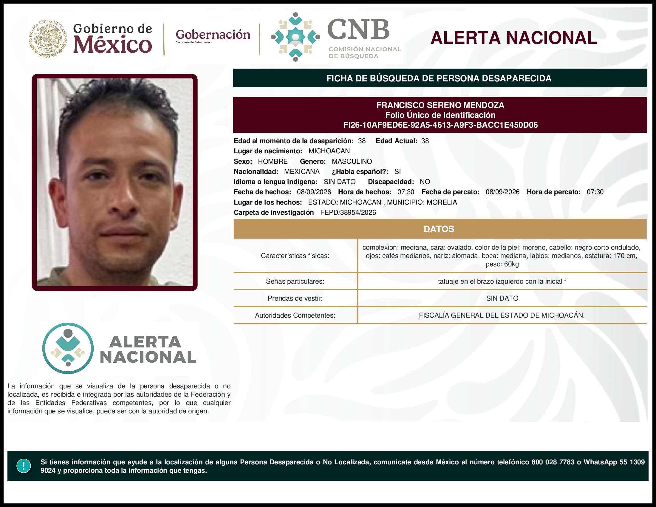 Persona desaparecida Francisco Sereno Mendoza