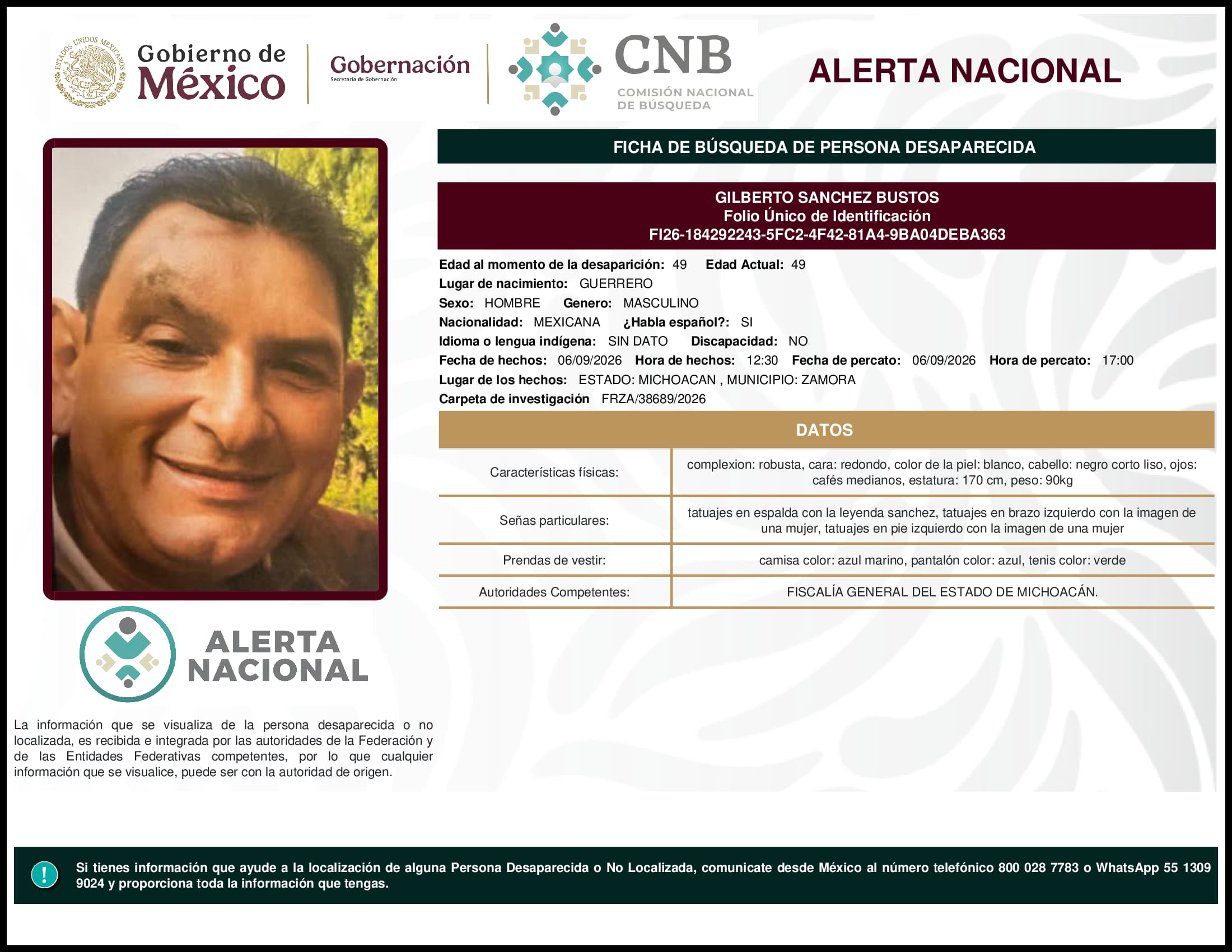 Persona desaparecida Gilberto Sanchez Bustos