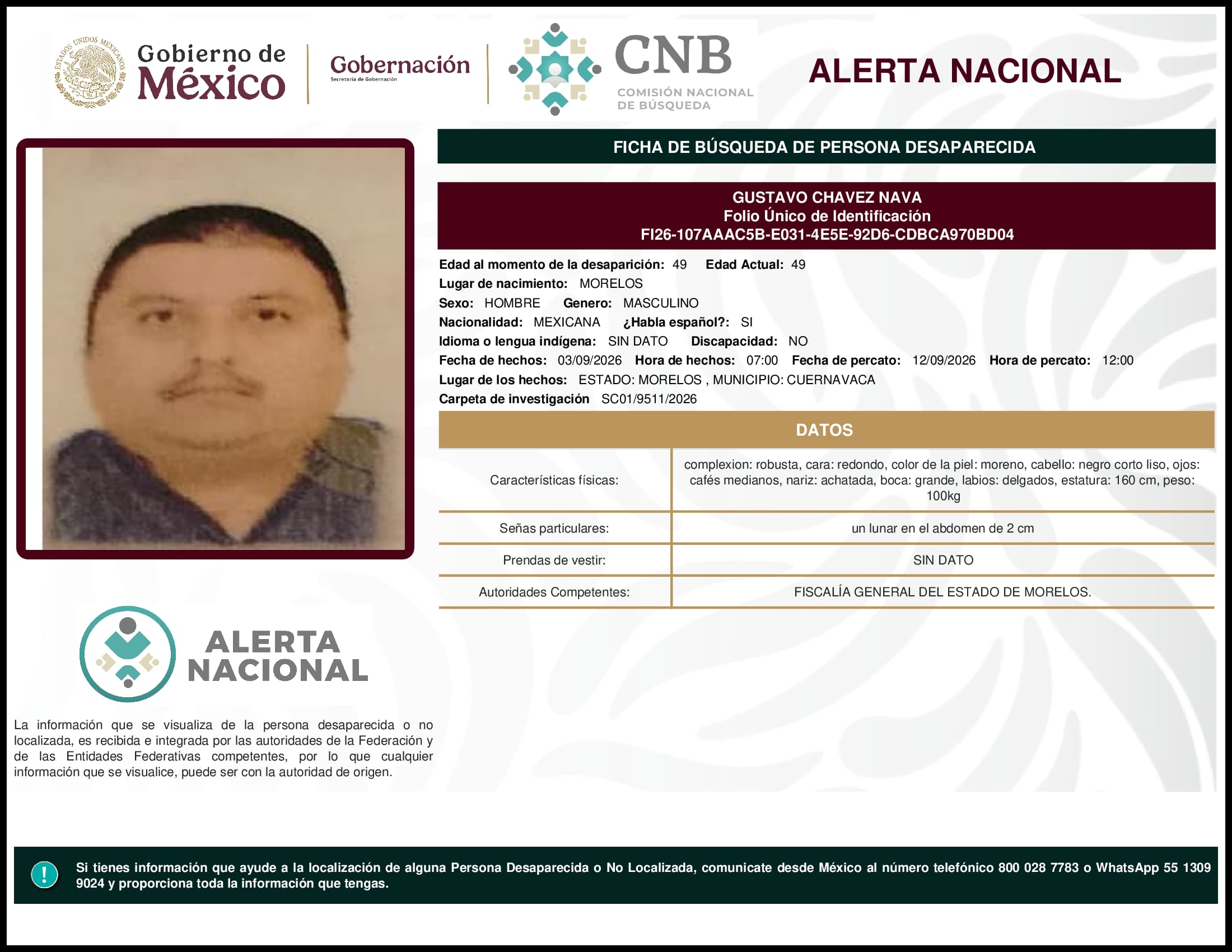 Persona desaparecida Gustavo Chavez Nava