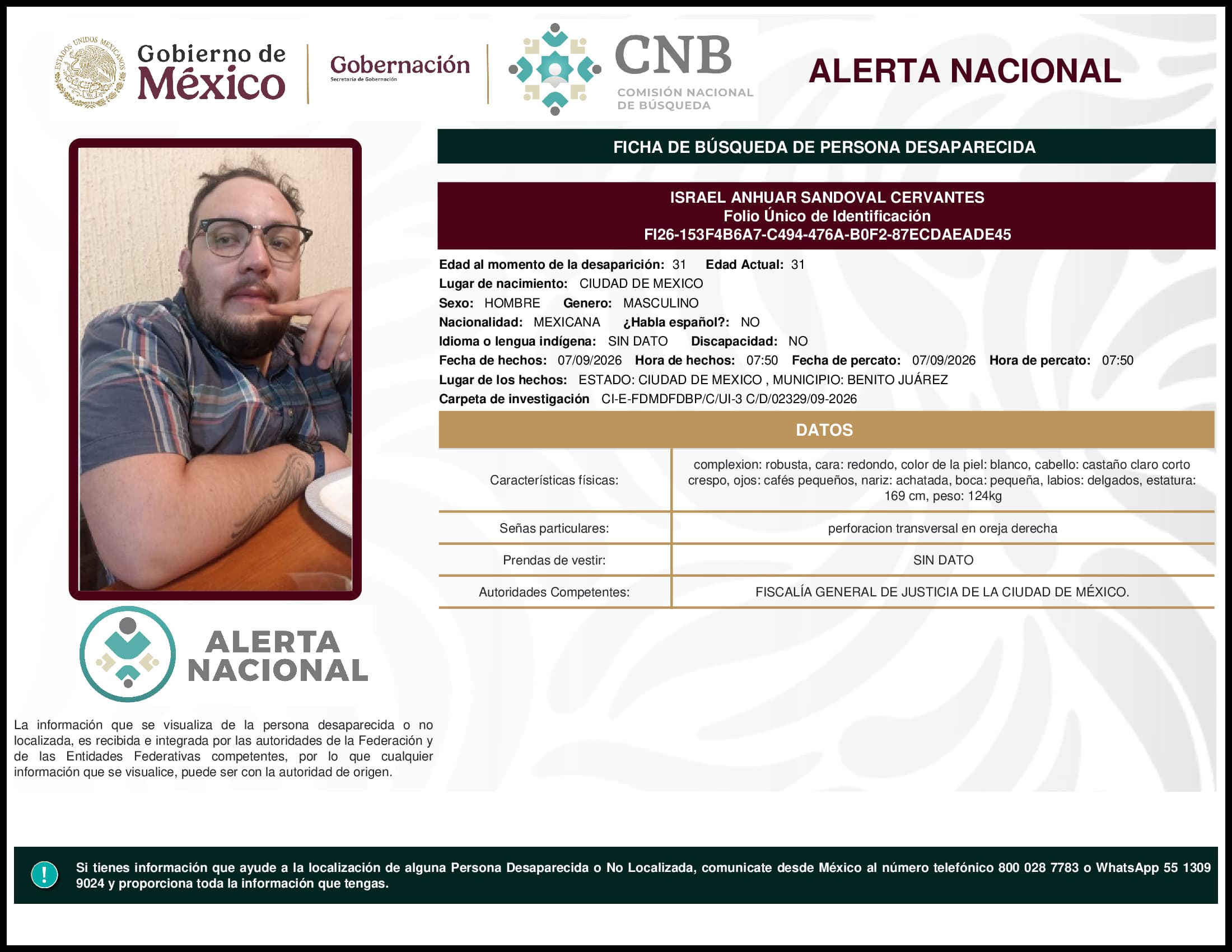 Persona desaparecida Israel Anhuar Sandoval Cervantes