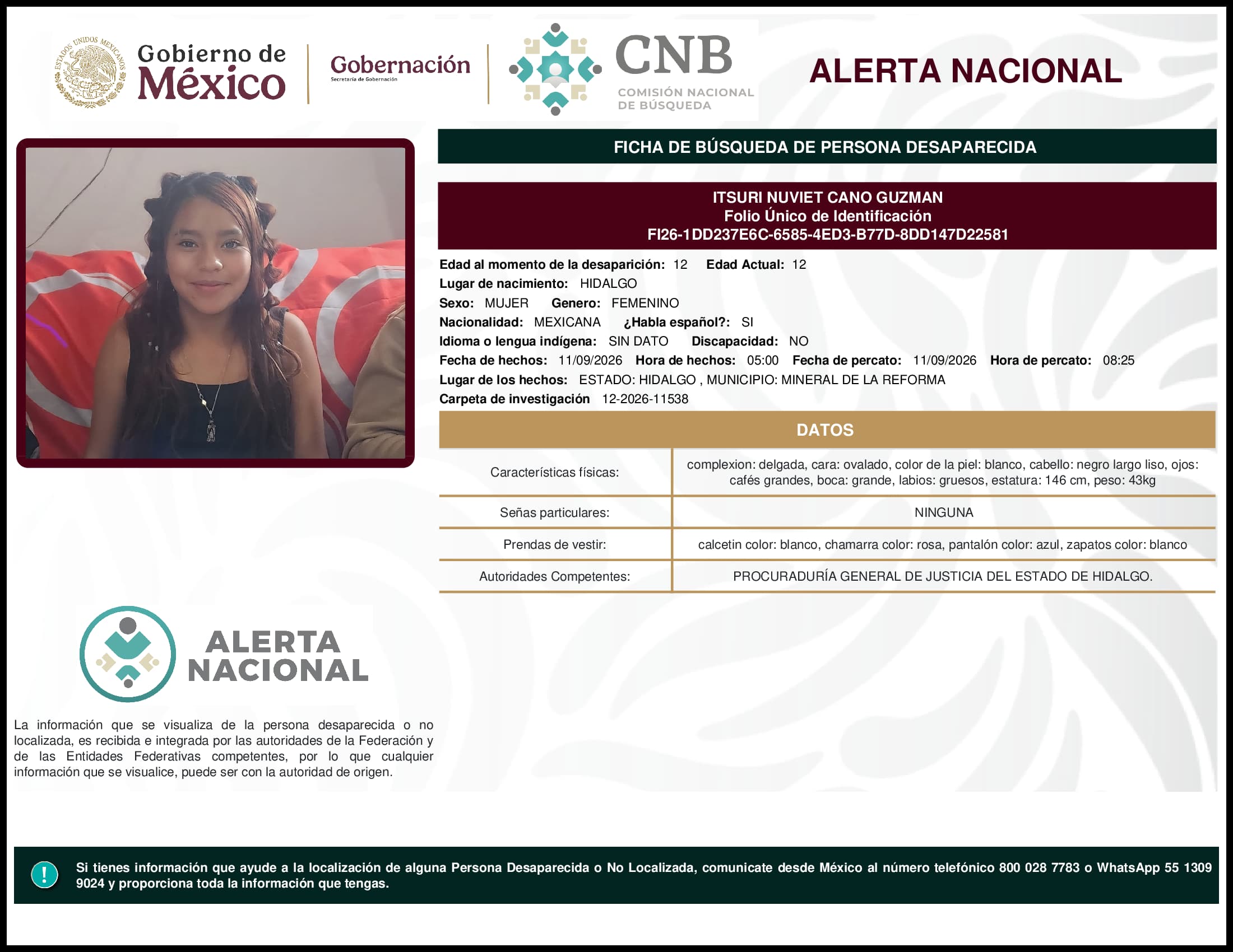 Persona desaparecida Itsuri Nuviet Cano Guzman