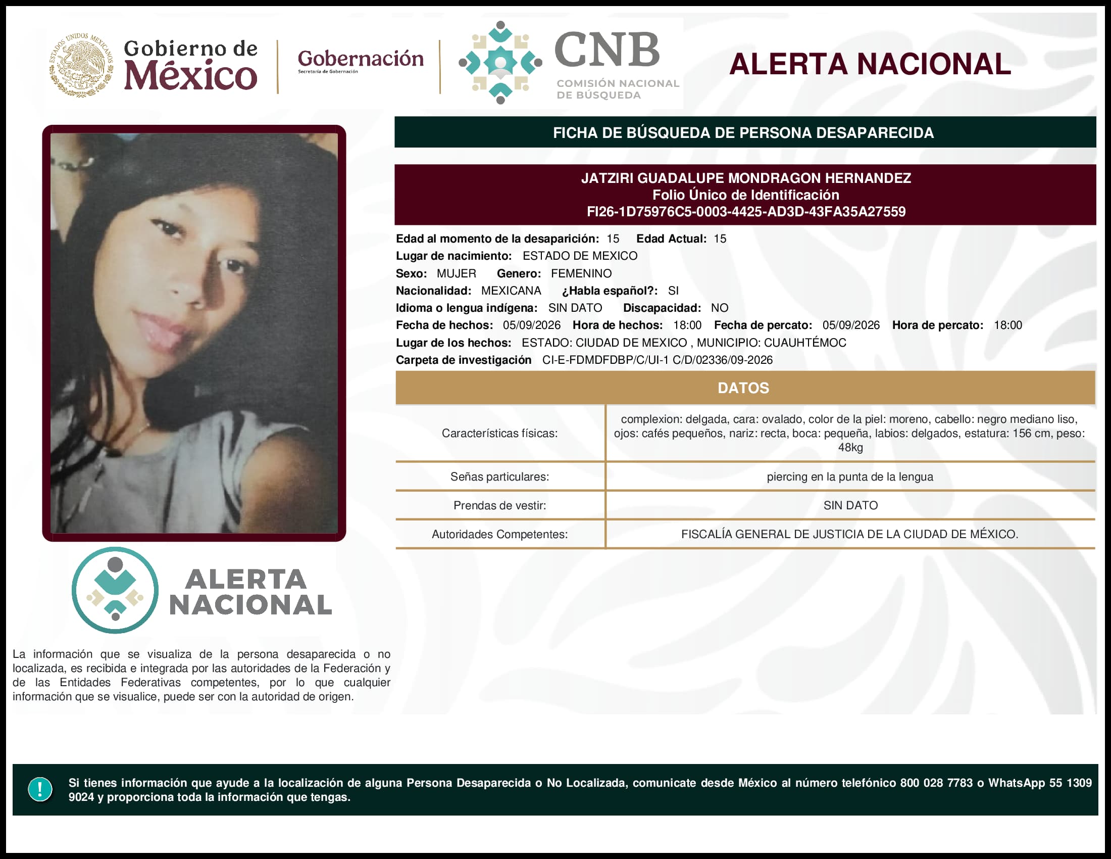 Persona desaparecida Jatziri Guadalupe Mondragon Hernandez