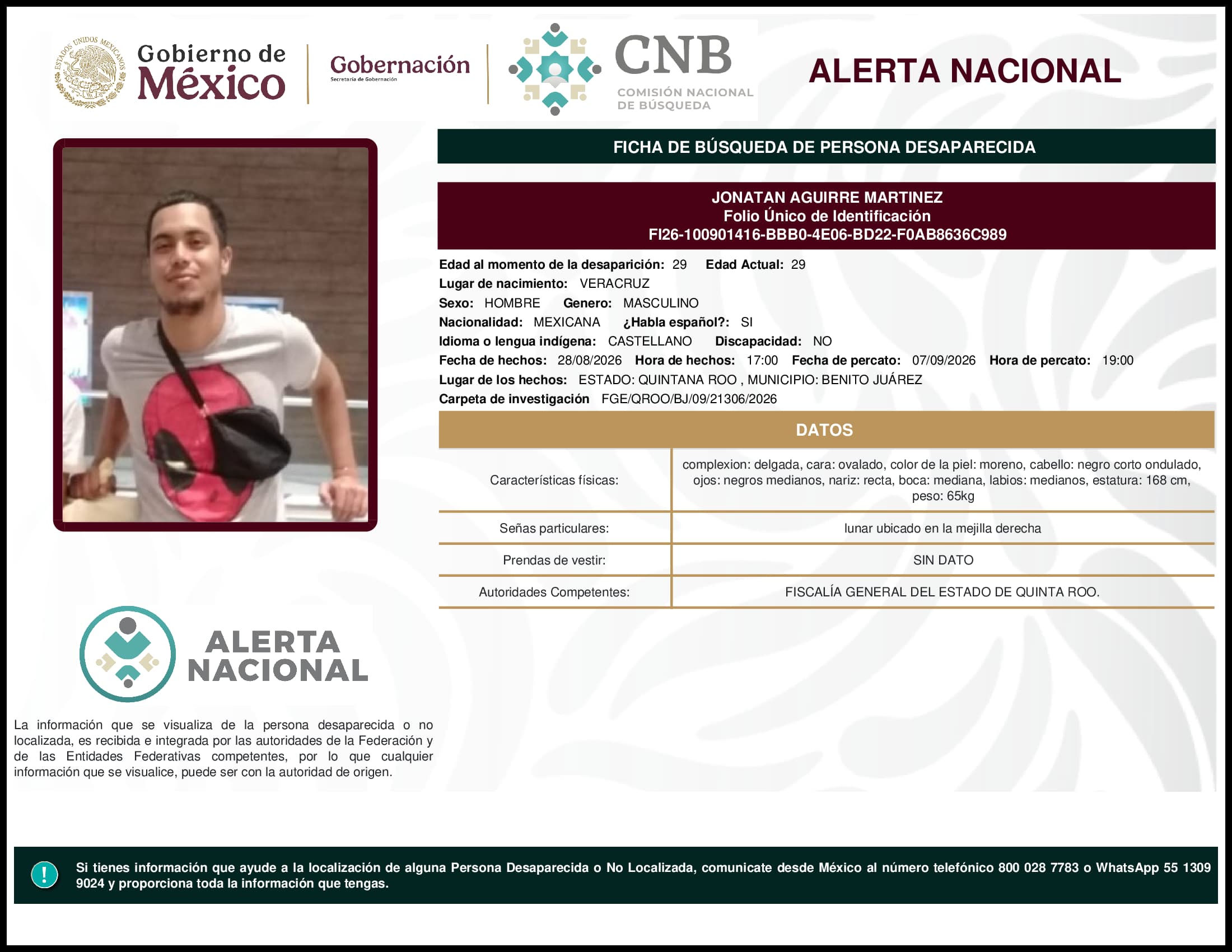 Persona desaparecida Jonatan Aguirre Martinez