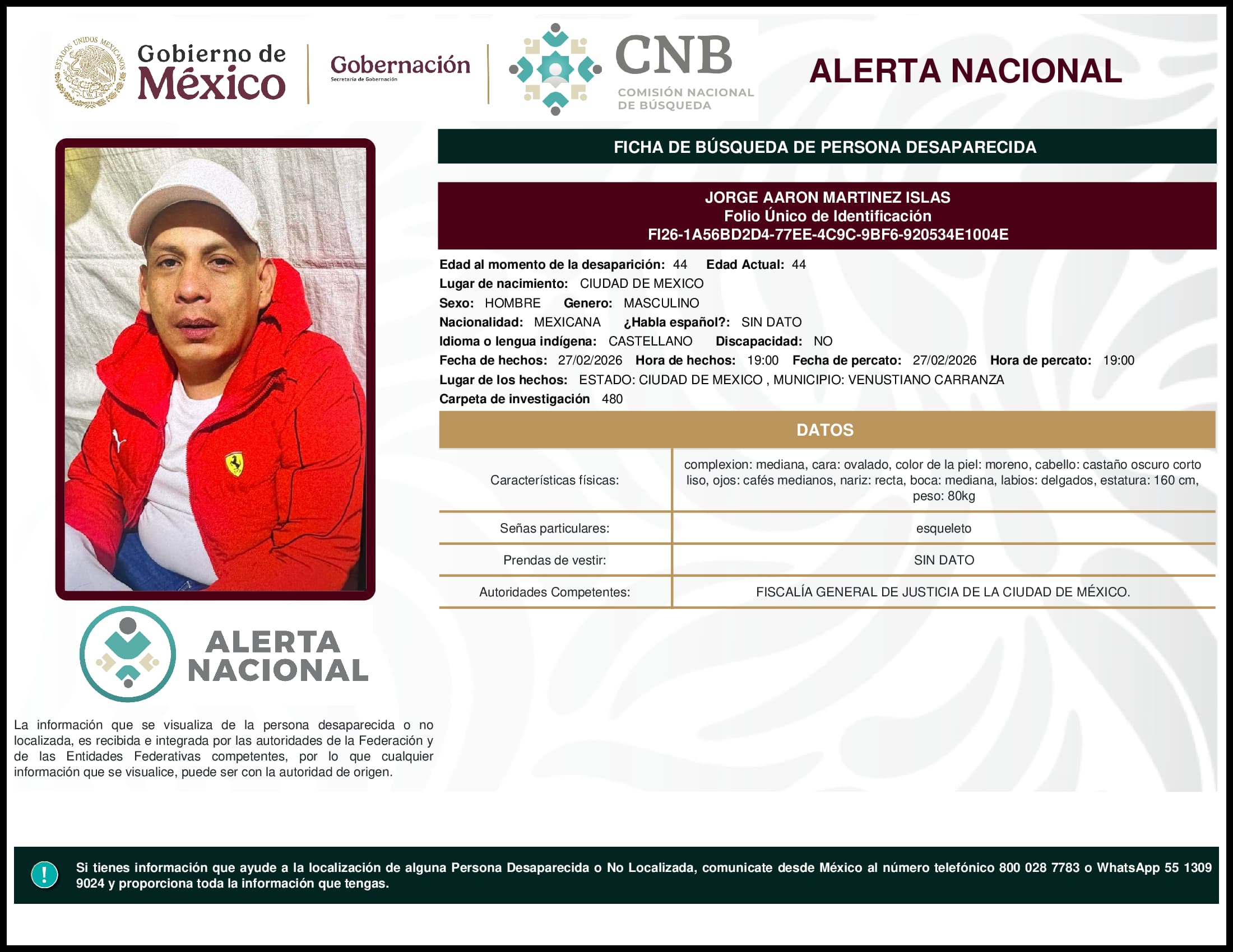 Persona desaparecida Jorge Aaron Martinez Islas