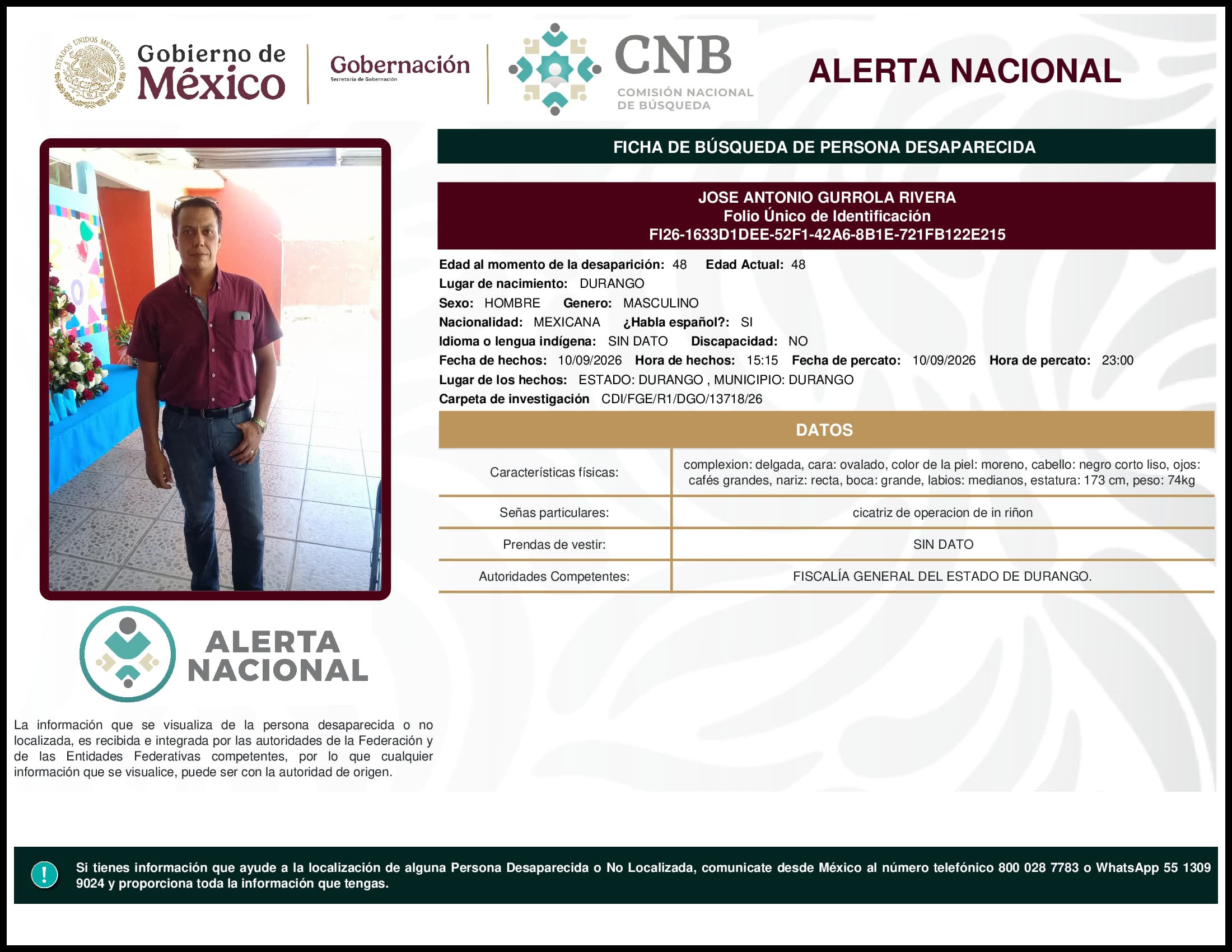 Persona desaparecida Jose Antonio Gurrola Rivera