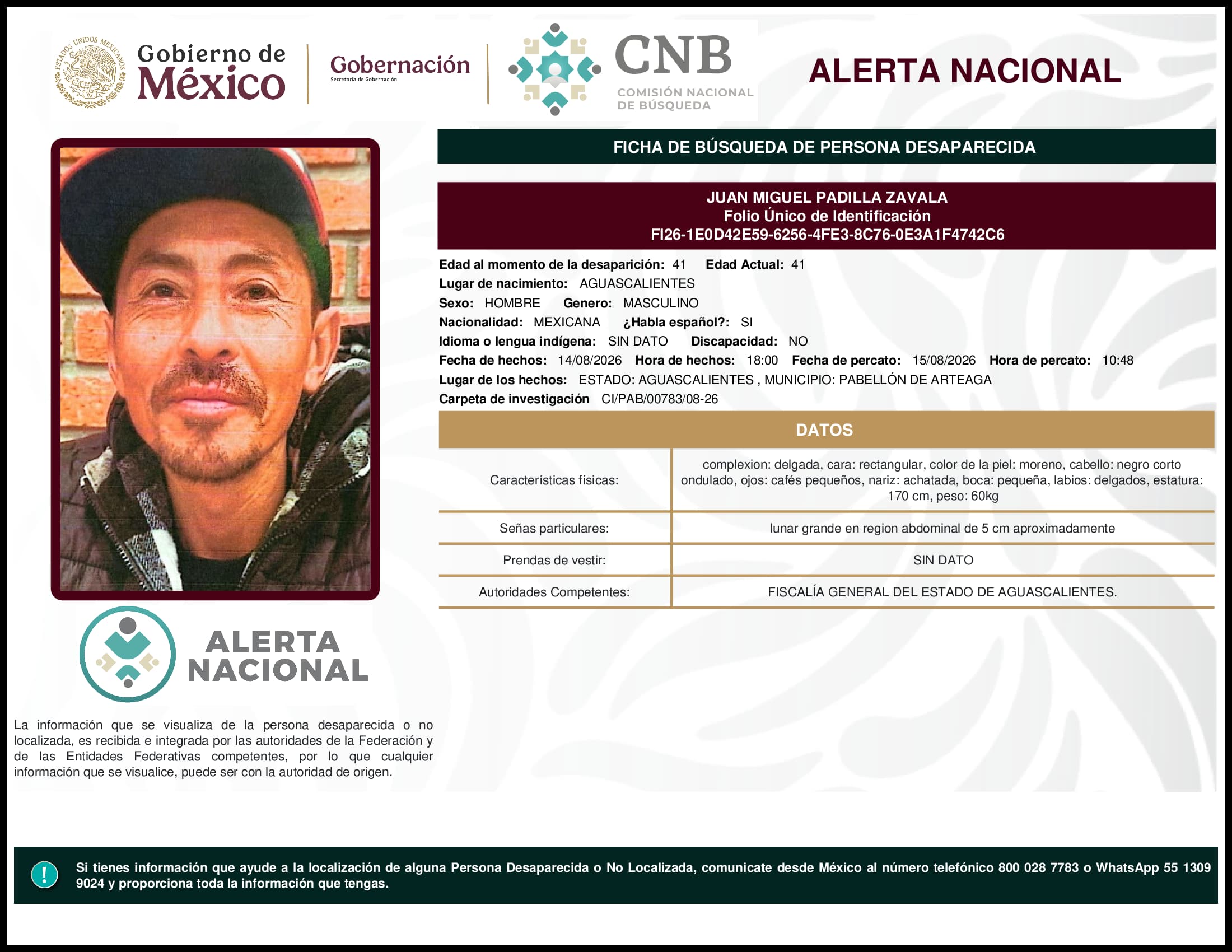 Persona desaparecida Juan Miguel Padilla Zavala