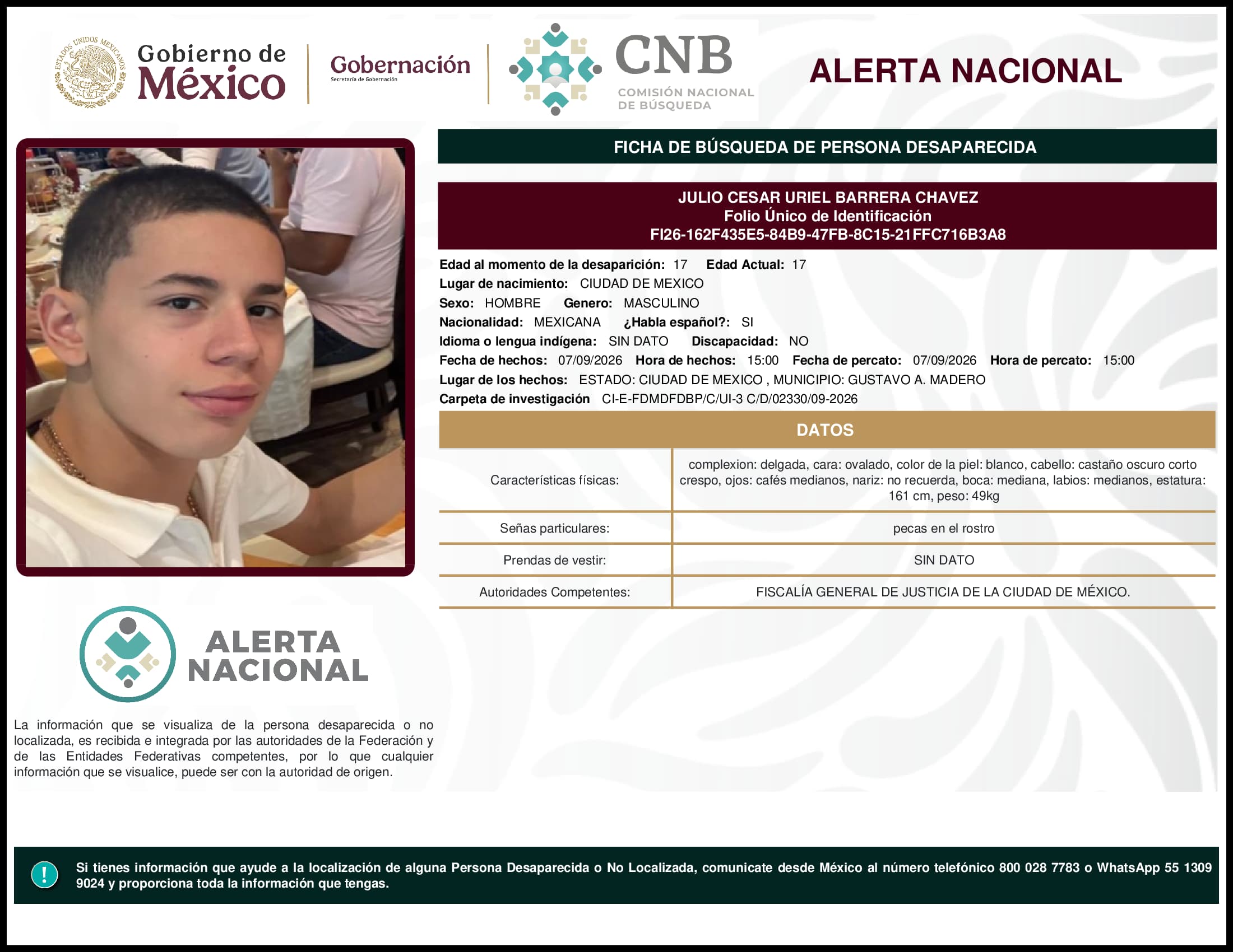 Persona desaparecida Julio Cesar Uriel Barrera Chavez