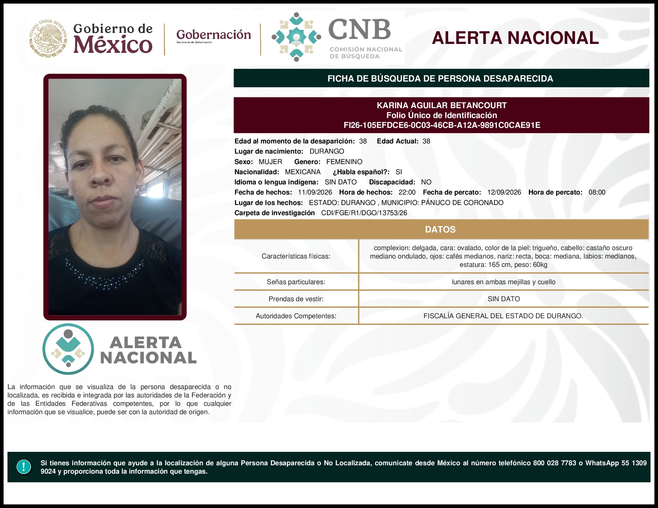 Persona desaparecida Karina Aguilar Betancourt