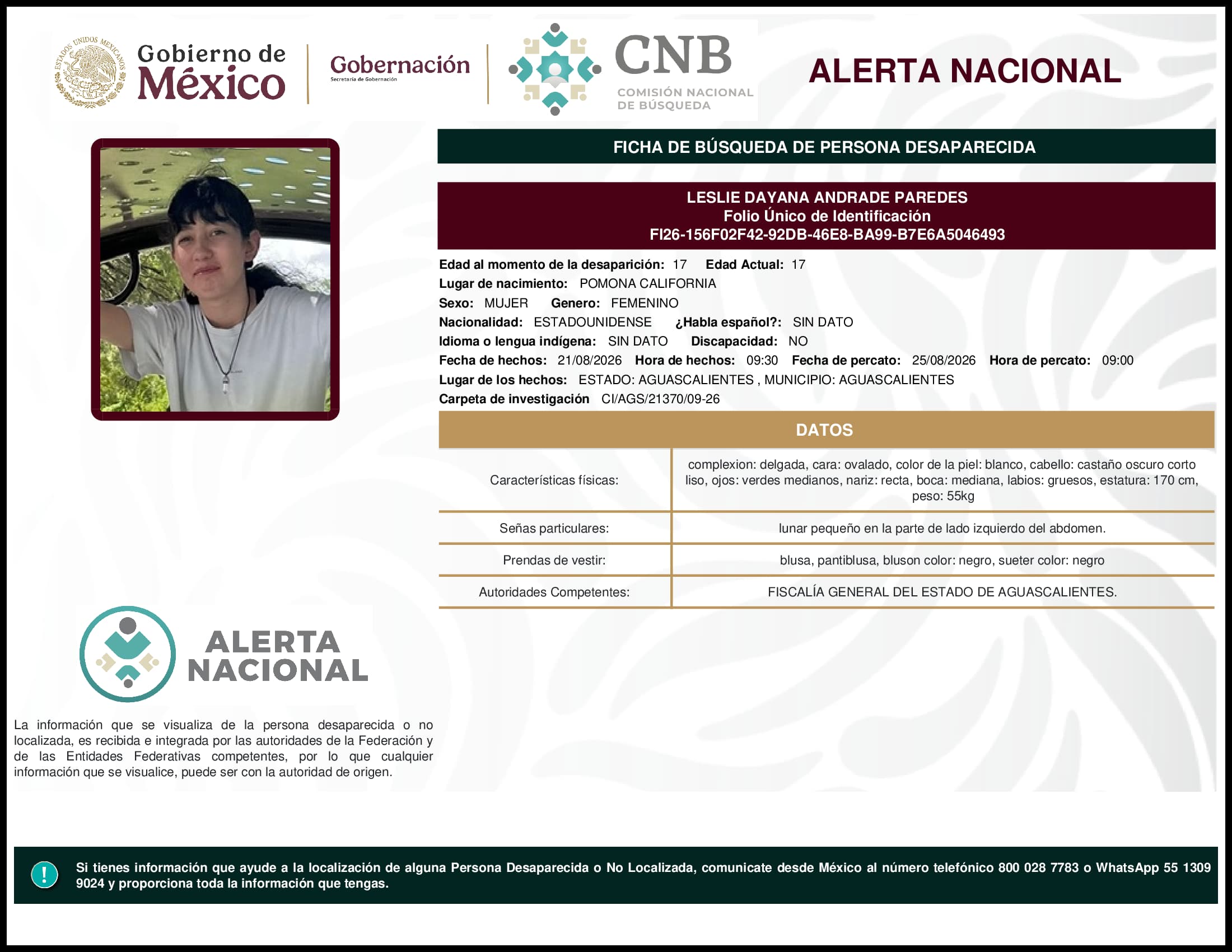 Persona desaparecida Leslie Dayana Andrade Paredes
